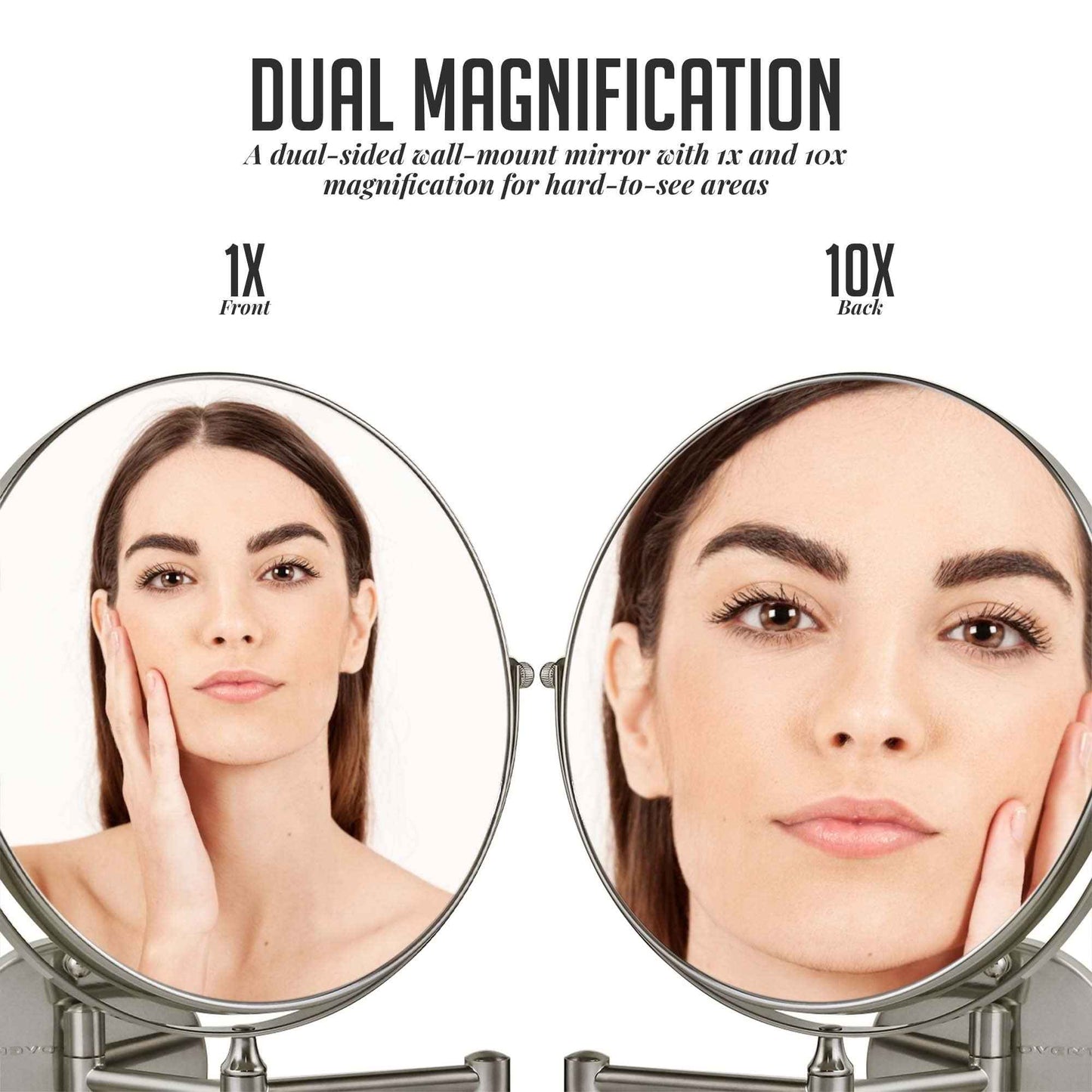 OVENTE 9" Wall Mounted Makeup Mirror with 1X/10X Magnification, Double Sided Magnifying Round Bathroom Vanity Mirror, 360° Swivel Design, Extendable and Folding Arm, Nickel Brushed MNLFW90BR1X10X