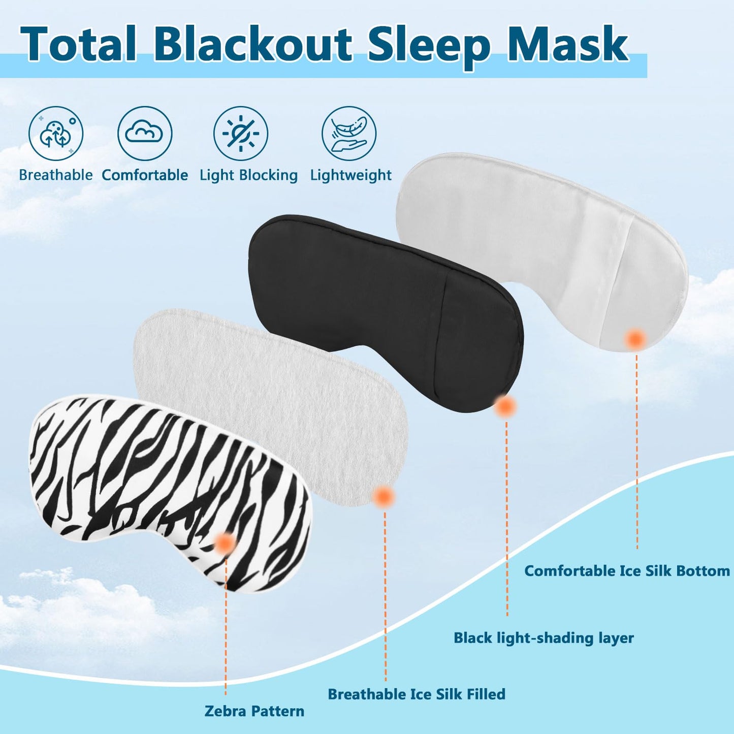 Cavoilu Sleep mask w/Cooling Gel Eye Mask, Heated Eye Mask for Sleeping, Reusable Ice Silk Stain Eye Cover Sleeping Mask for Travel, Home, Office, Yoga, Total Blackout, Stocking Stuffer (Zebra)