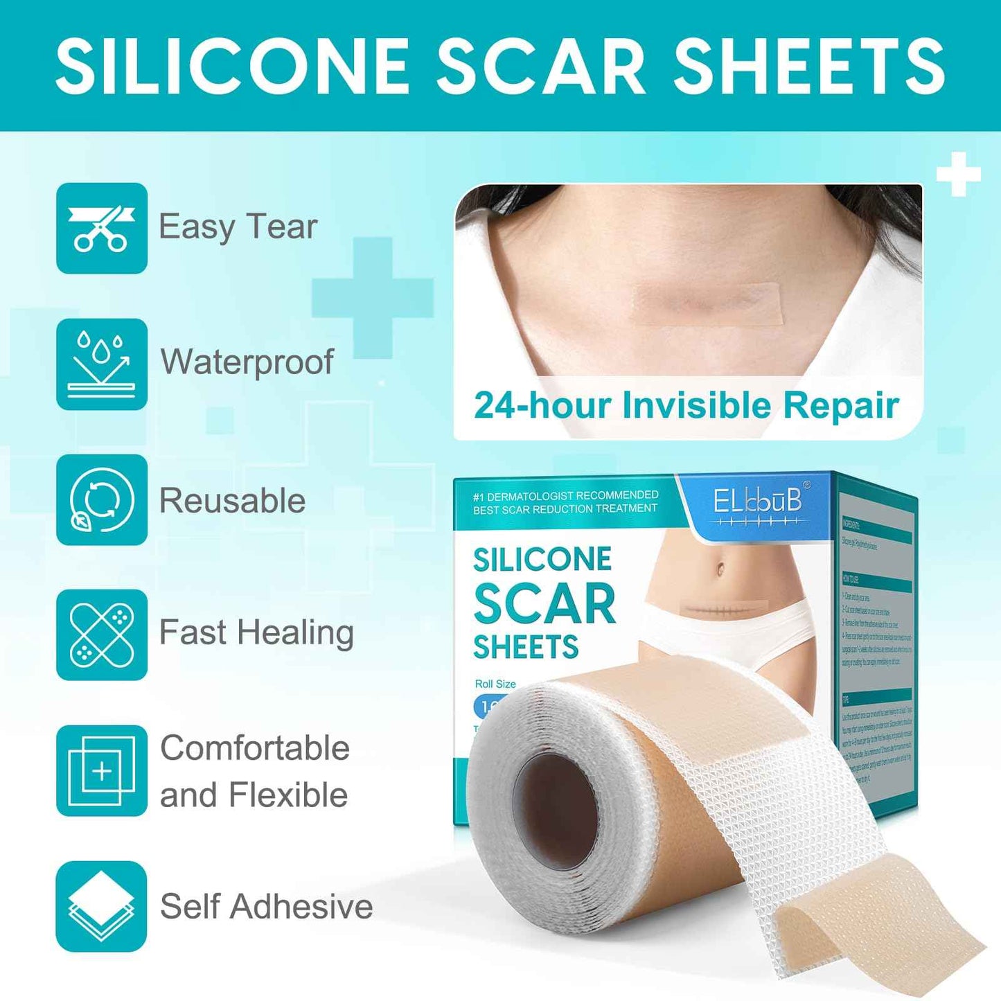 Silicone Scar Sheets (1.6” x 120”), Medical Grade Scar Tape for C-Section, Surgery, Keloid, Burn, Acne Scars - Reusable, Pain-Free, Safe for Sensitive Skin