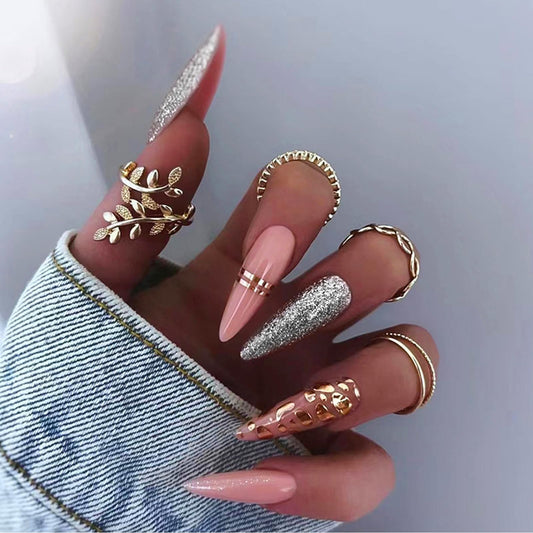 Stiletto Press on Nails Long Fake Nails with French Bling Glitter Foil Sparkle Designs Full Cover Acrylic Almond False Nails Set Pink Glue on Nails Silver Stick on Nails for Women Manicure 24Pcs