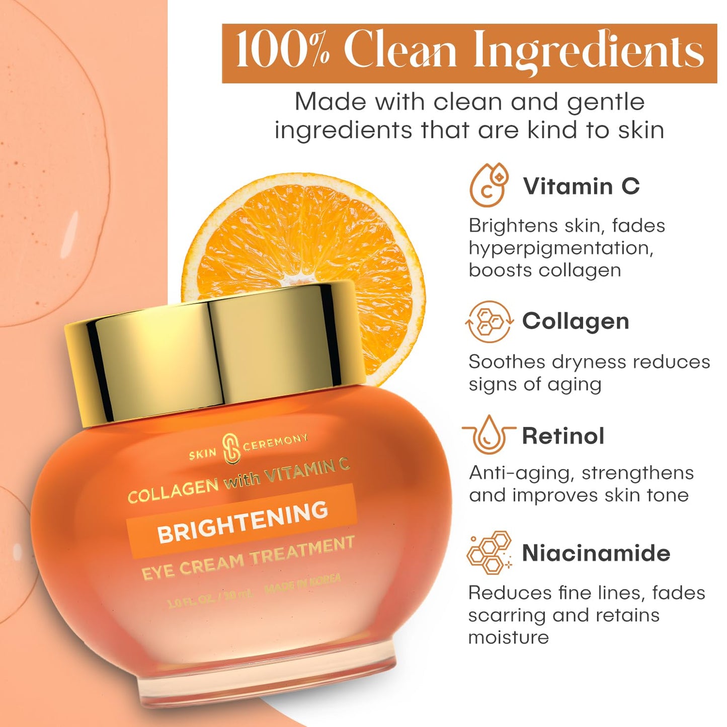 Skin Ceremony Collagen and Vitamin C Brightening Eye Cream - Hydrates and Rejuvenates Skin - Helps reduce Puffines & Dark Circles - Skin Care Made in Korea - 1.0 FL.OZ.