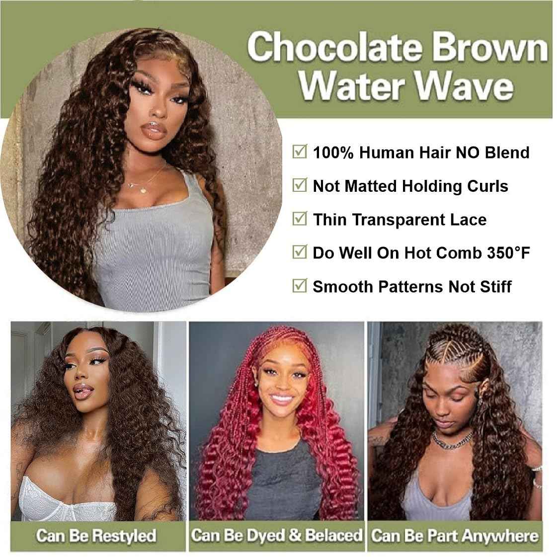 Brown Water Wave 2x6 Lace Closure Top Swiss Lace Water Wave Remy Human Hair Deep Middle Part Closure Color #4 With Baby Hair 14 Inch