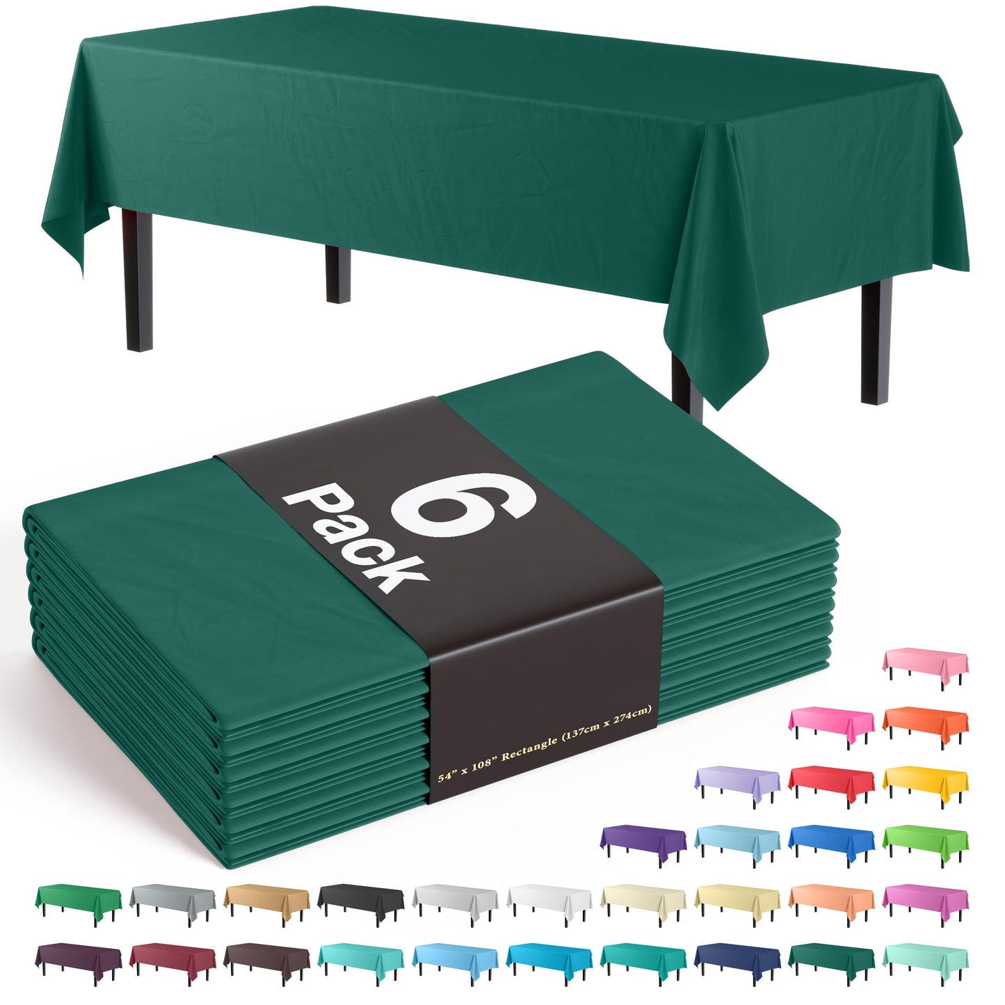 Exquisite 6-Pack Premium Plastic Tablecloth 54in. x 108in. Rectangle Plastic Table Cover - Dark Green