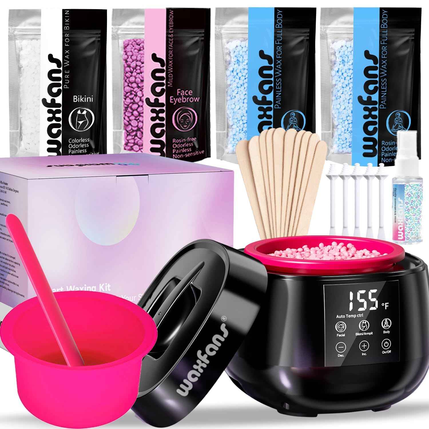 Smart Waxing Kit for Women with Temperature Control,Waxfans Digital Wax Warmer,Gentle Wax Beads for Sensitive Skin,For Brazilian, Bikini, Facial, and Body Hair Removal, at Home Waxing Kit for Women