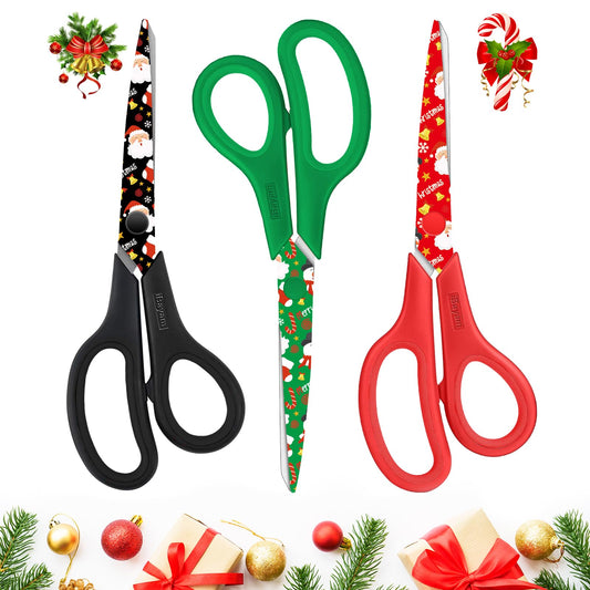 iBayam Scissors All Purpose Heavy Duty 3-Pack, Christmas Gifts Wrapping Paper Cutter Tool, Ultra Sharp 8" Thick Blade Comfort-Grip Scissors for Christmas Ornaments Decorations Home Crafts Supplies