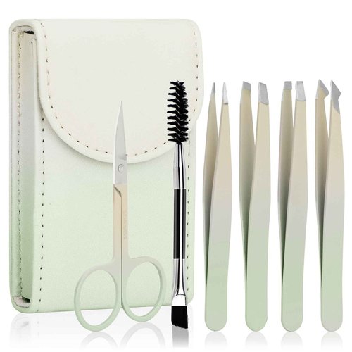 6 PCS Tweezers Set for Women, Eyebrow Tweezers Set with Curved Scissor for Ingrown Hair, Plucking Daily Beauty Tool with Leather Travel Case for Gifts (Gradient Green)
