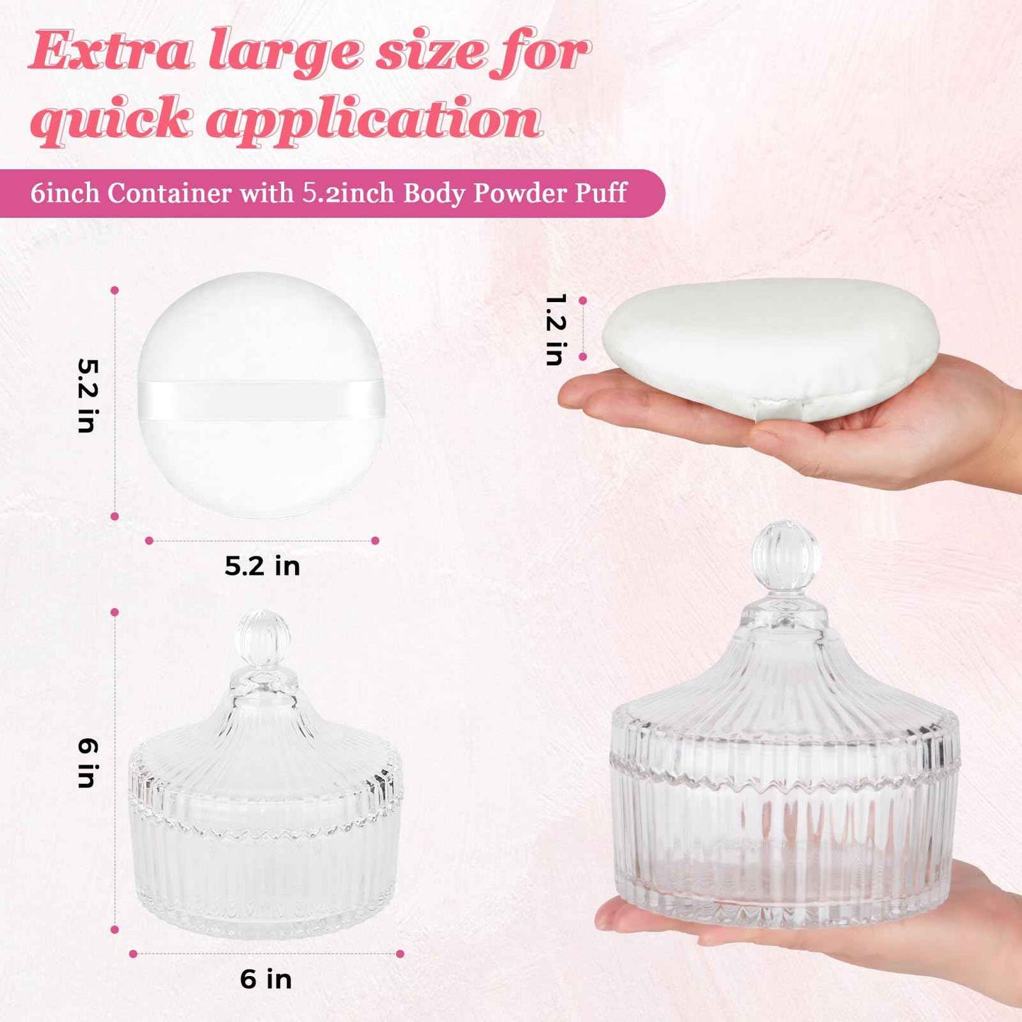 YINGMAN 2Pcs Extra Large Body Powder Puff & Luxury 6" Glass Jar Dusting Powder Container with Puff for Women Bath Powder Puffs Perfect for Talcum or Loose Powder (White)