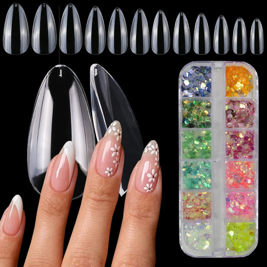 LoveOurHome Acrylic Nail Kit 600 Soft Gel X Short Almond Nail Tips Full Cover Fake Nails Fingernail Extension Stiletto Oval False Nail with Iridescent Glitter Powder (Almond)