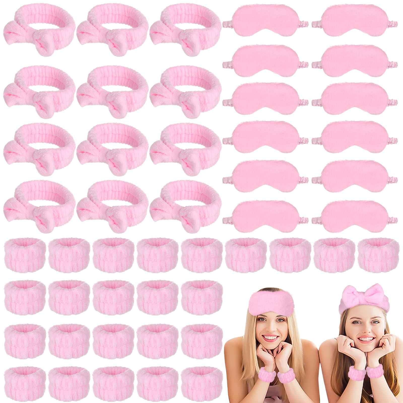 Lnrueg 48Pcs SPA Kit-12Pcs Spa Headband Bow + 24 Wrist Washband + 12 Sleep Eye Masks, Pink Party Supplies for Girls Women Birthday Sleepover Party Favors