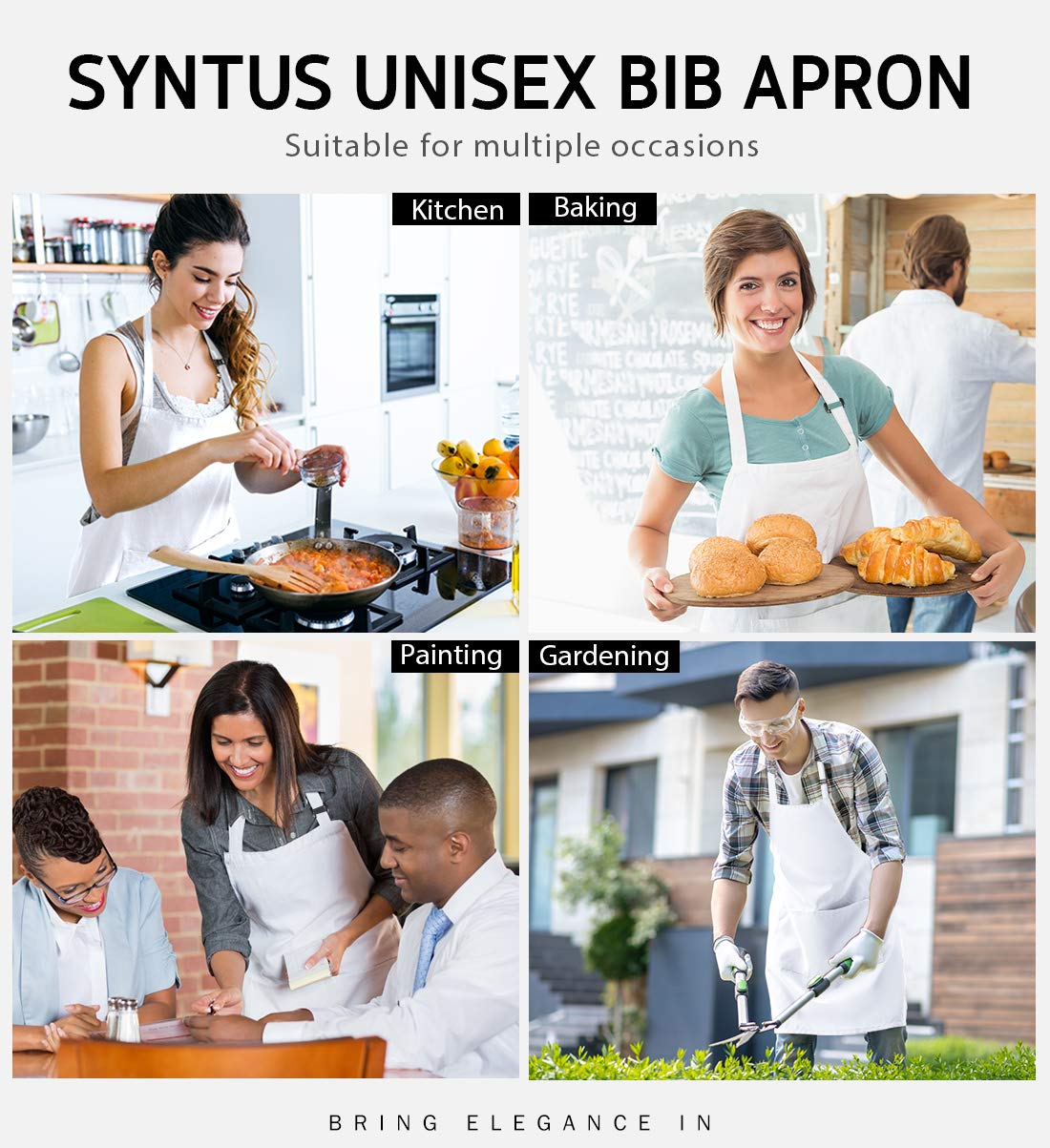 Syntus 2 Pack 100% Cotton Adjustable Bib Apron 2 Pockets Cooking Kitchen Aprons for Women Men Chef, White