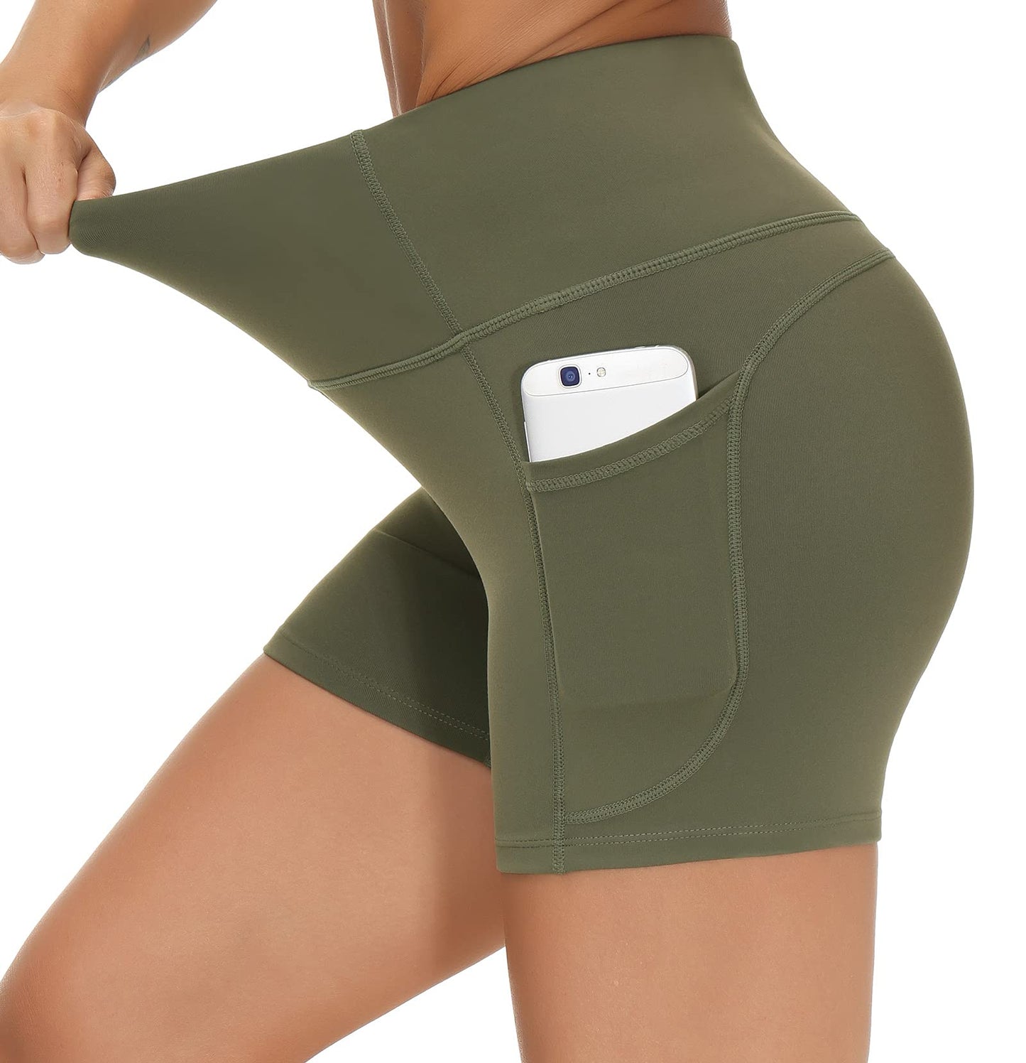 THE GYM PEOPLE High Waist Yoga Shorts for Women's Tummy Control Fitness Athletic Workout Running Shorts with Deep Pockets (Small, Olive Green)