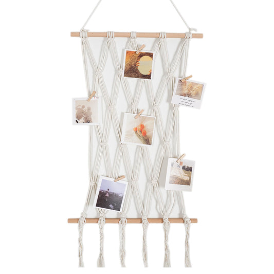 Macrame Wall Hanging Photo Display Boho Wall Decor, Room Bedroom Decor, Picture Frame Collage Board with Clips Christmas Teenage Teen Girl Gifts