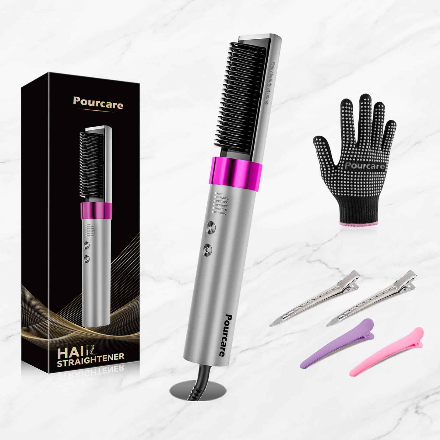 Pourcare 2-in-1 Straightening Heated Comb Three Adjustable Temperature Settings Includes Gloves and Hair Clips Create Silky Smooth Hair just for You