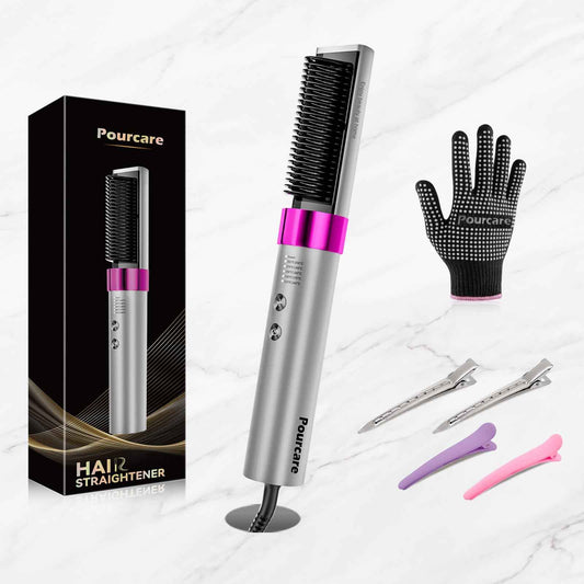 Pourcare 2-in-1 Straightening Heated Comb Three Adjustable Temperature Settings Includes Gloves and Hair Clips Create Silky Smooth Hair just for You
