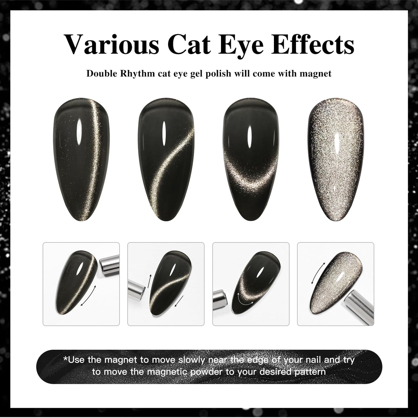 Double Rhythm 0.5 OZ Cat Eye Gel Polish with Magnet 15ML Holographic Glitter Shimmer Translucent Jelly Color Magnetic Nail Polish Salon DIY at Home (Black-MC1047)