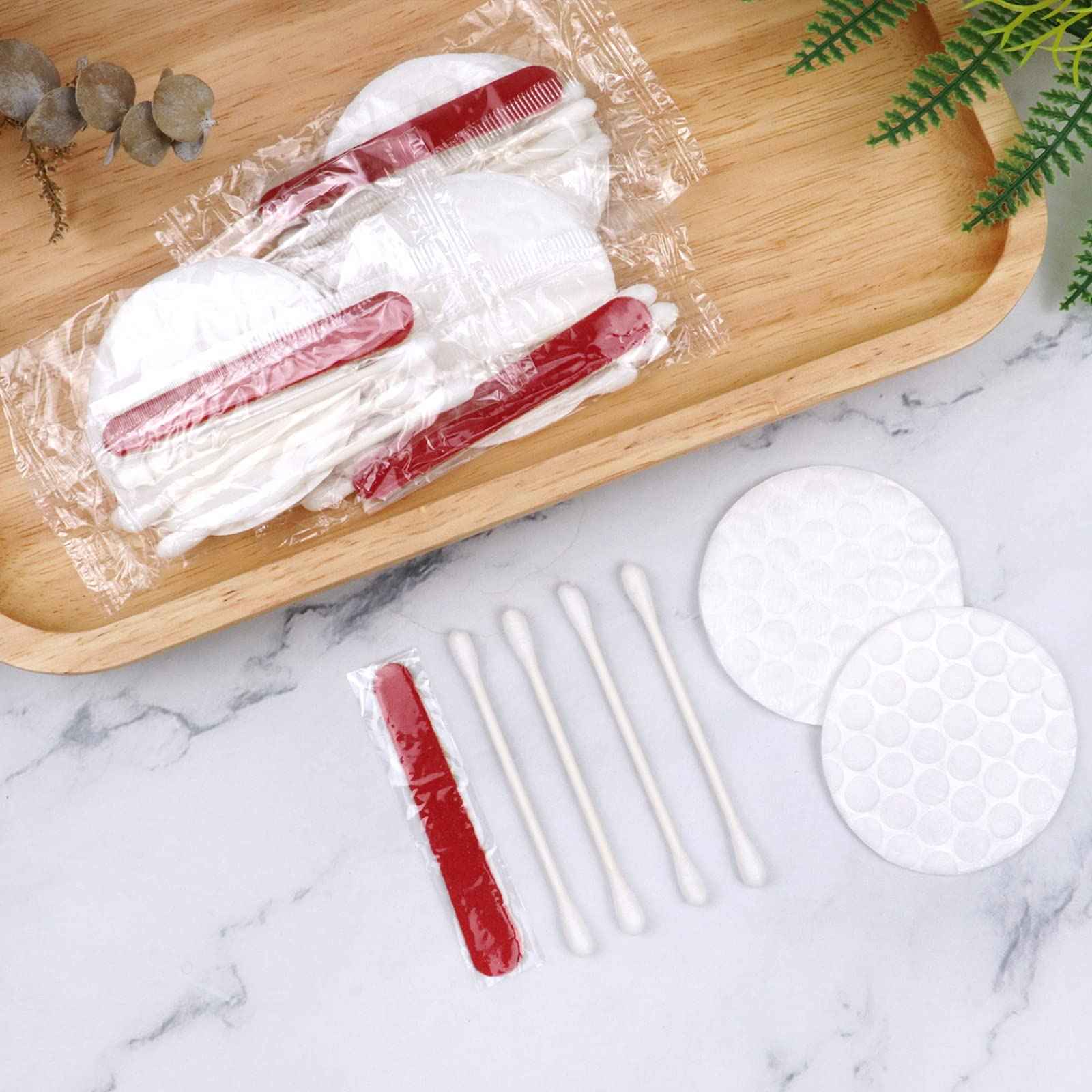 200 Pack Hotel Vanity Kit Individually Wrapped, Bulk Hotel Amenities Kit, Hotel Hospitality Set, Hygiene Products Include Cosmetic Cotton Pads, Cotton Swabs, Nail File (Paper Sticks)