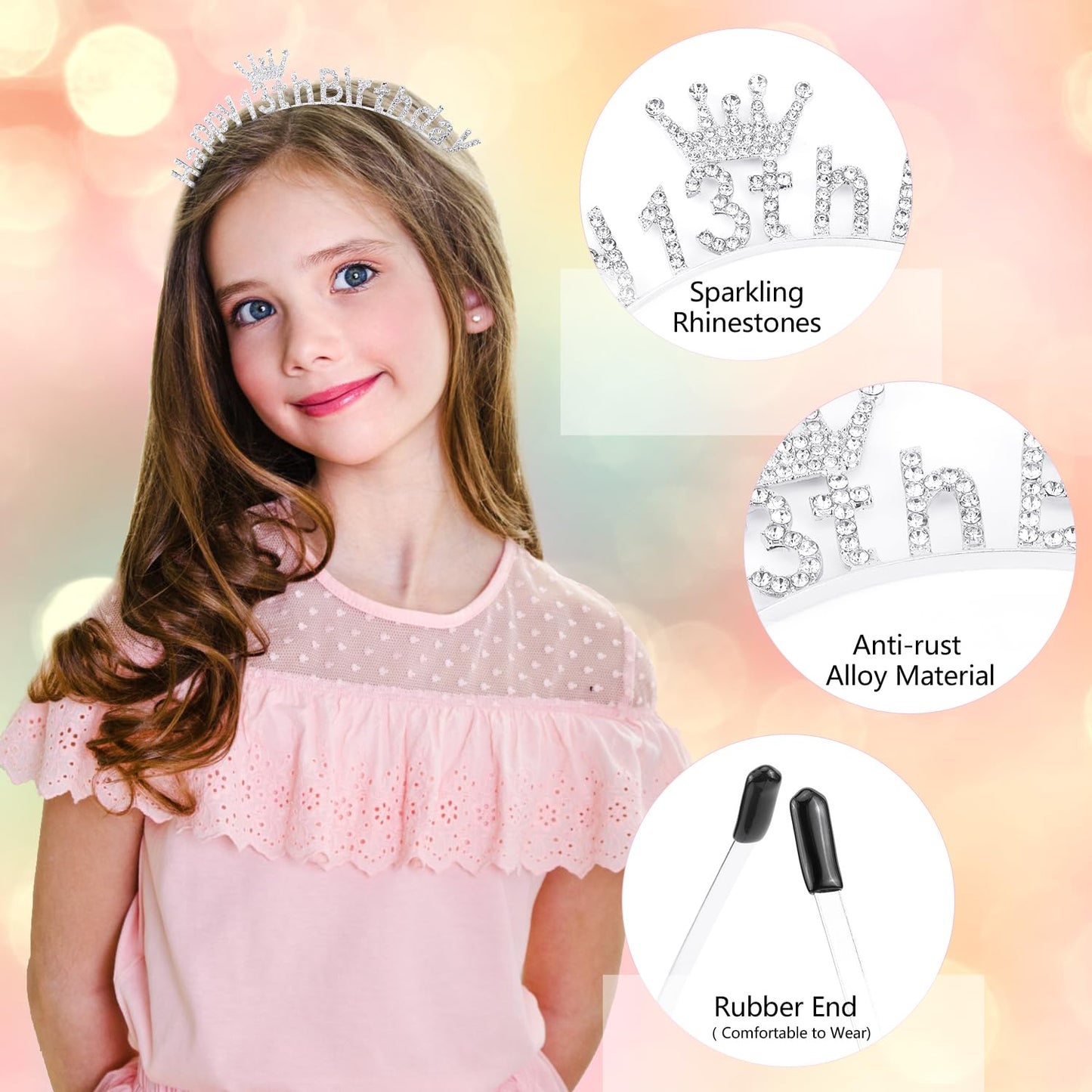 Atoden 13th Birthday Decorations for Girls 13 Year Old Happy Birthday Headband Silver Princess Tiara Crown 13th Birthday Gifts for Girls Thirteen Birthday Accessories for Party