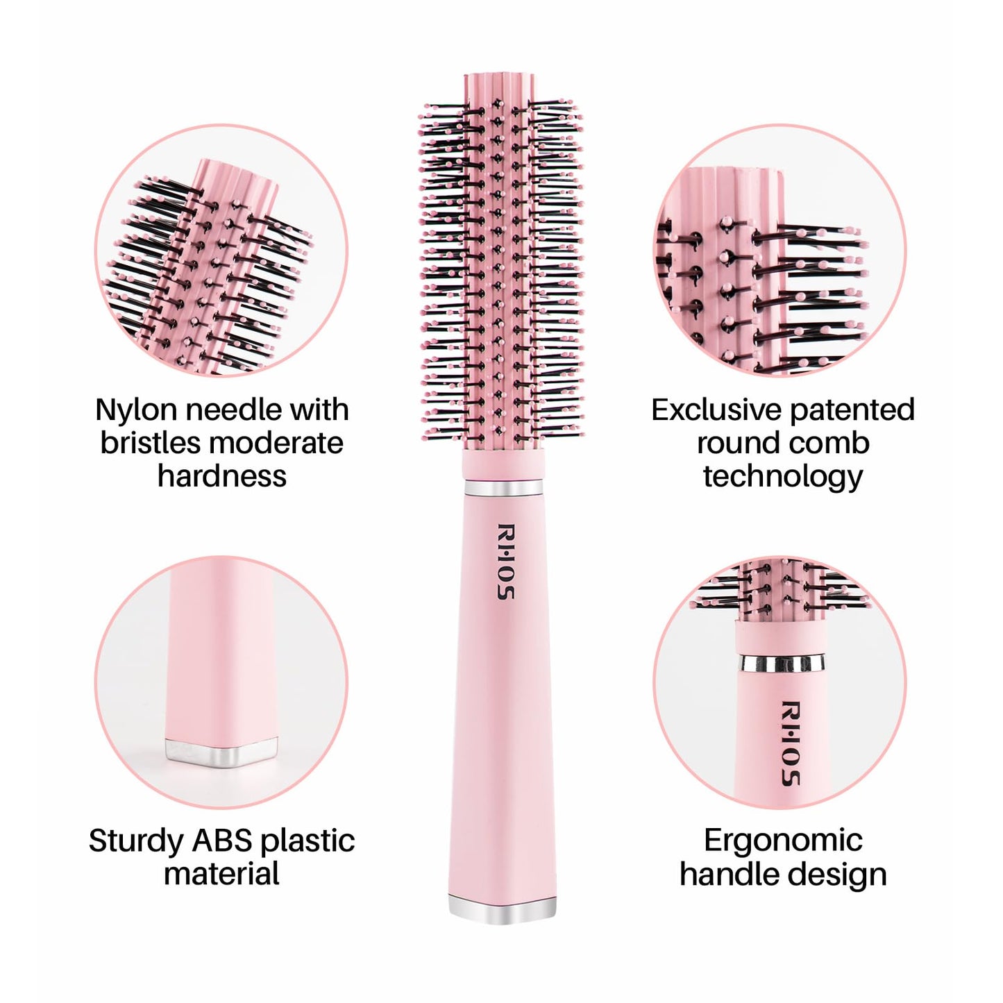RHOS Round Brush for Blow out/Styling/Curling-Small Round Hair Brush for Bangs/Thin/Short/Curly Hair-1.5 Inch Small Roller Brush for Women&Men(Pink)
