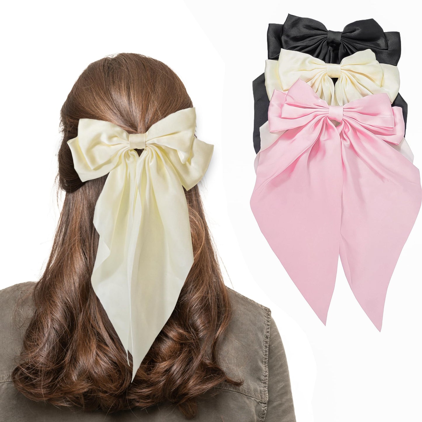 HUFITION Hair Bow Clips, 3PCS - Hair Ribbons for Women, Satin Bow For Hair Clips For Styling, Silk Hair Barrettes For Adult Women - 72 Count - Black, Beige, Light Pink