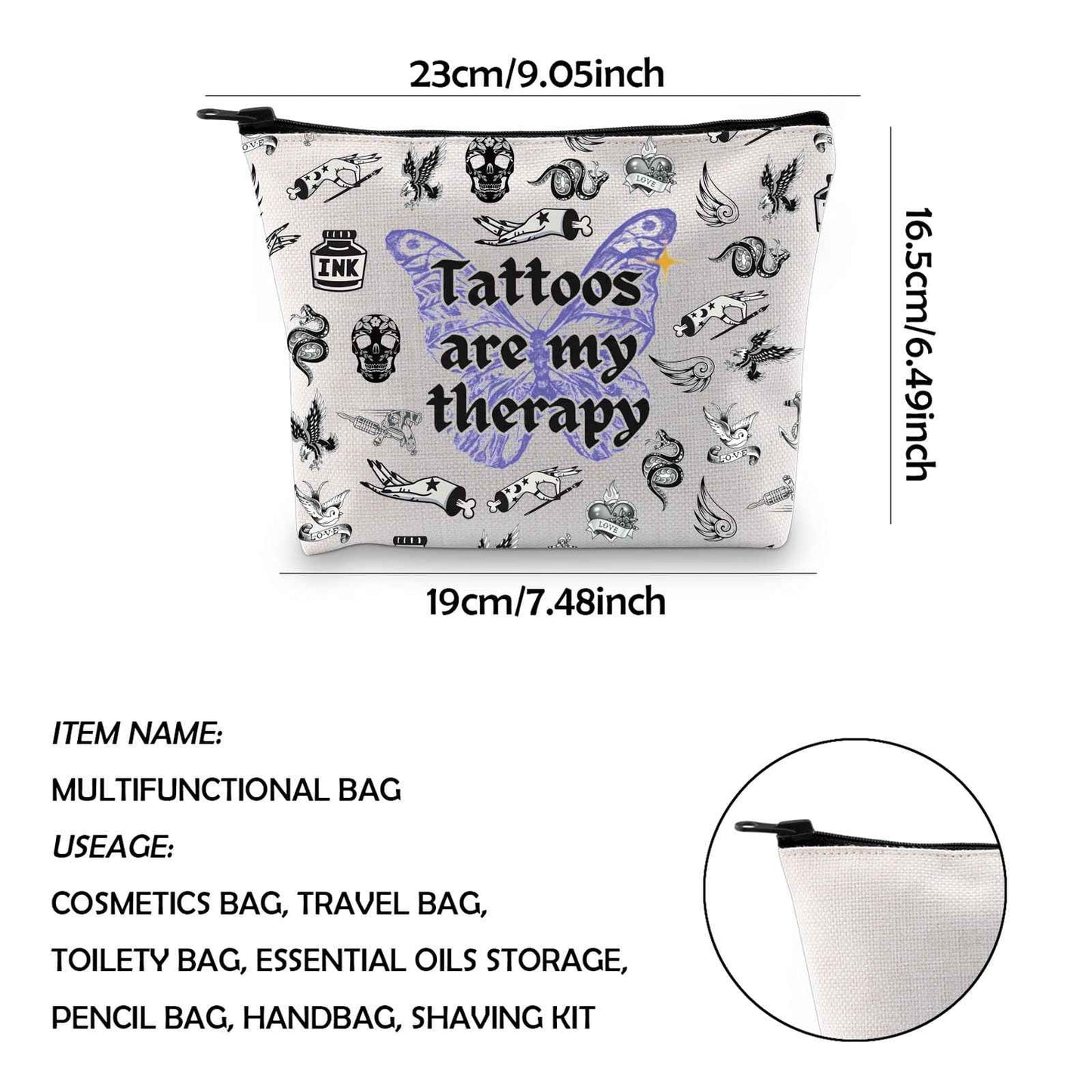 WCGXKO Tattoo Artist Gift Gothic Tattoos Are My Therapy Zipper Pouch Makeup Bag