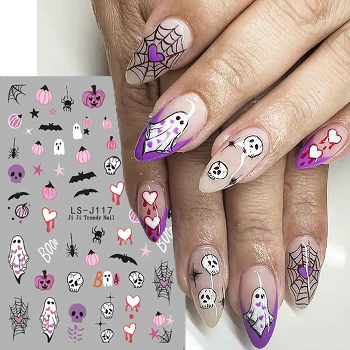 Halloween Nail Art Stickers Decals Cute Ghost Nail Decals 6 PCS 3D Self-Adhesive Spooky Pumpkin Bat Spider Design Manicure Nail Art Supplies Halloween Sticker for Women Girls DIY Nail Art Decorations