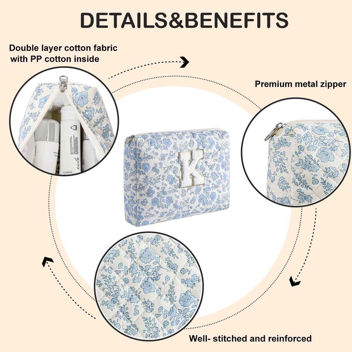 WHHJM Alphabet Makeup Bag Cosmetic Bag for Women, Christmas Gifts for Age 11-18, Personalized Floral Coquette Travel Bag, Trendy Stuff Zipper Make Up Pouch Organizer Bag (Blue Floral K)