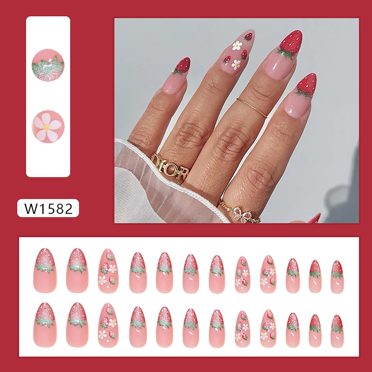 24 Pcs Medium Press on Nails Almond RIICFDD Cat Eyes Fake Nails with Strawberry & Flower Designs Nude Pink Press on Nails Acrylic Nails Full Cover Spring Summer False Nails for Women and Girls