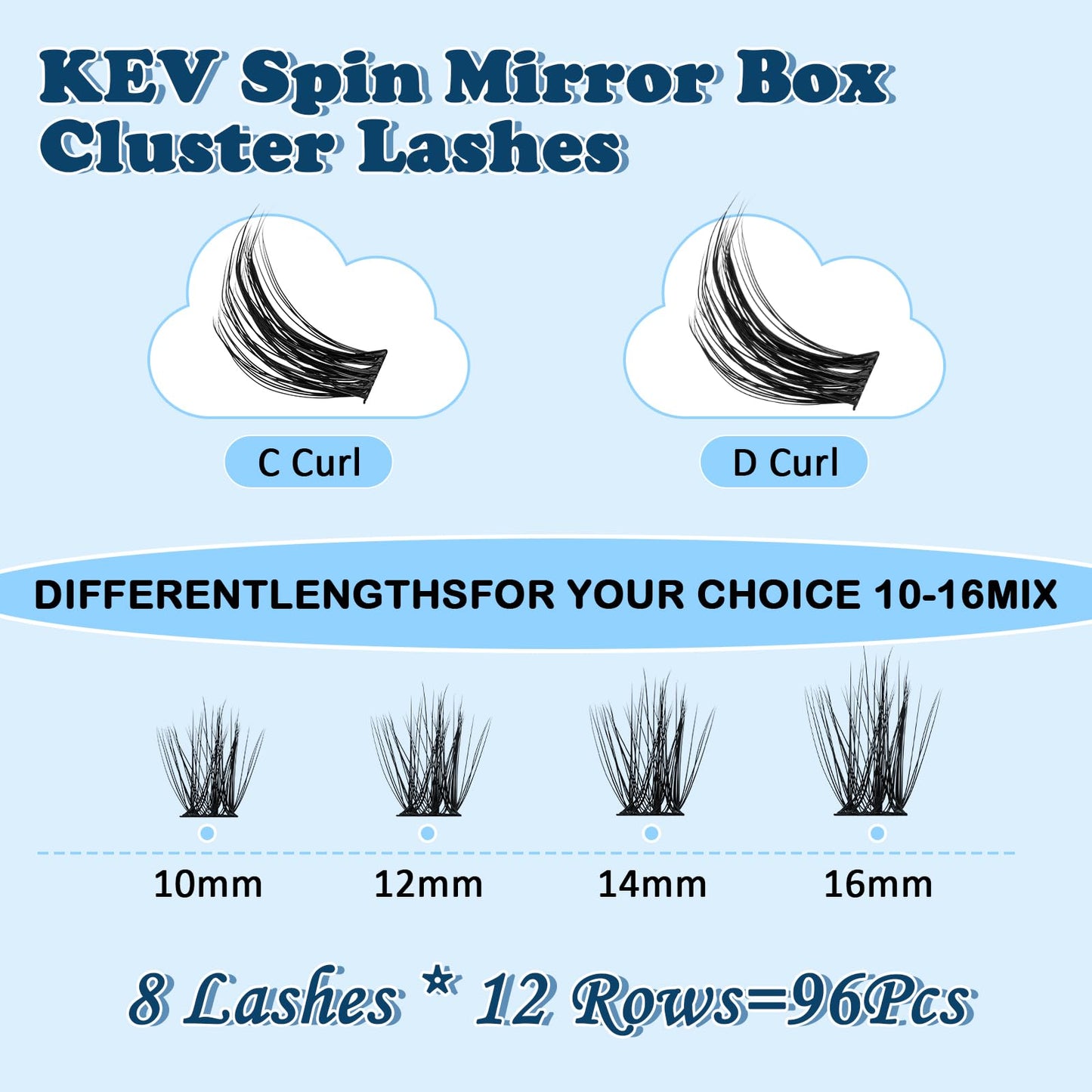 KevKev Lash Clusters 96 Pcs Cluster Lashes Special Spin Mirror Case DIY Lash Extension Soft & Comfortable Eyelash Clusters Thin Band Eyelashes with Mirror Easy to Apply (Cloudy,D-10-16mix)