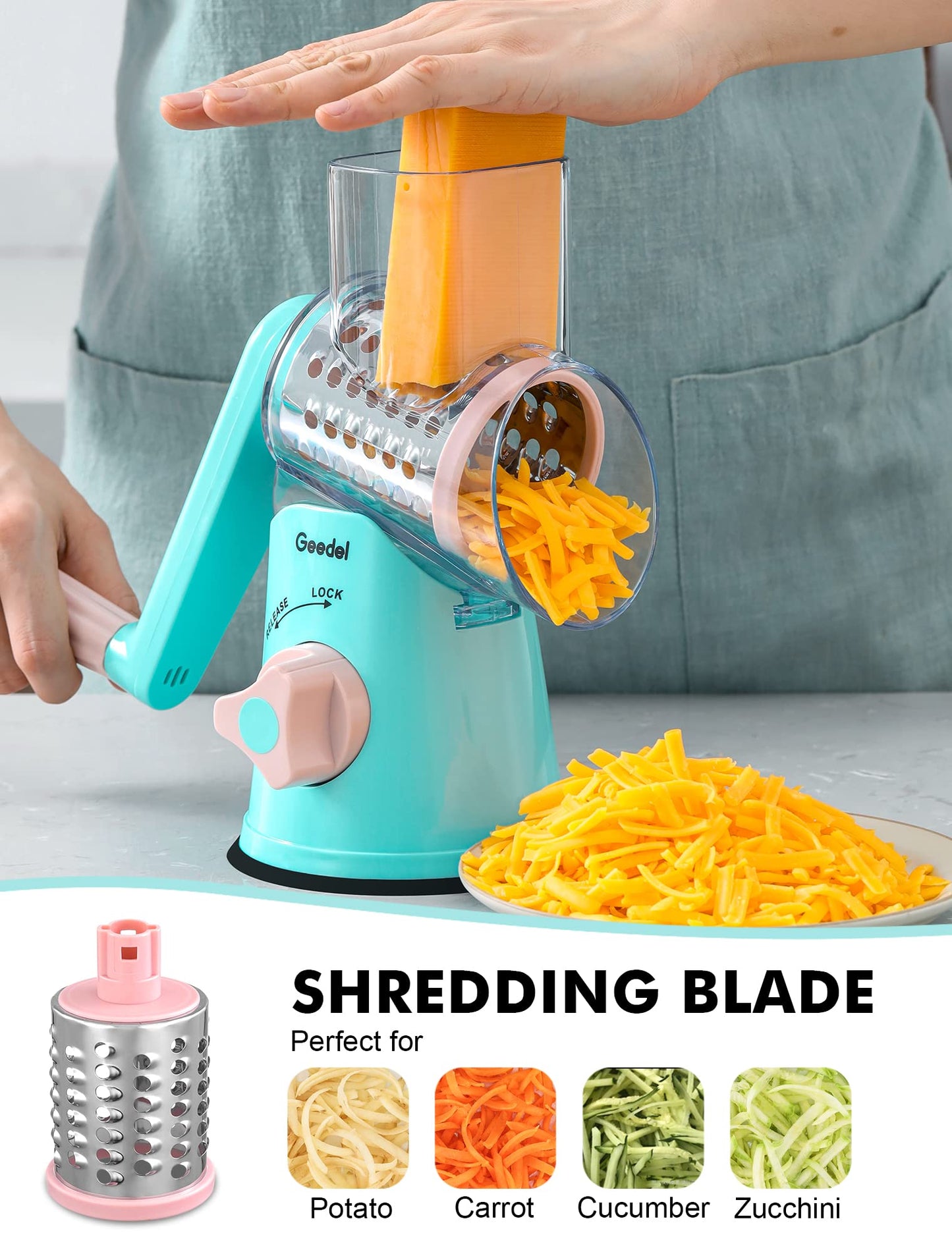 Geedel Rotary Cheese Grater, Kitchen Mandoline Vegetable Slicer with 3 Interchangeable Blades, Easy to Clean Rotary Grater Slicer for Fruit, Vegetables, Nuts