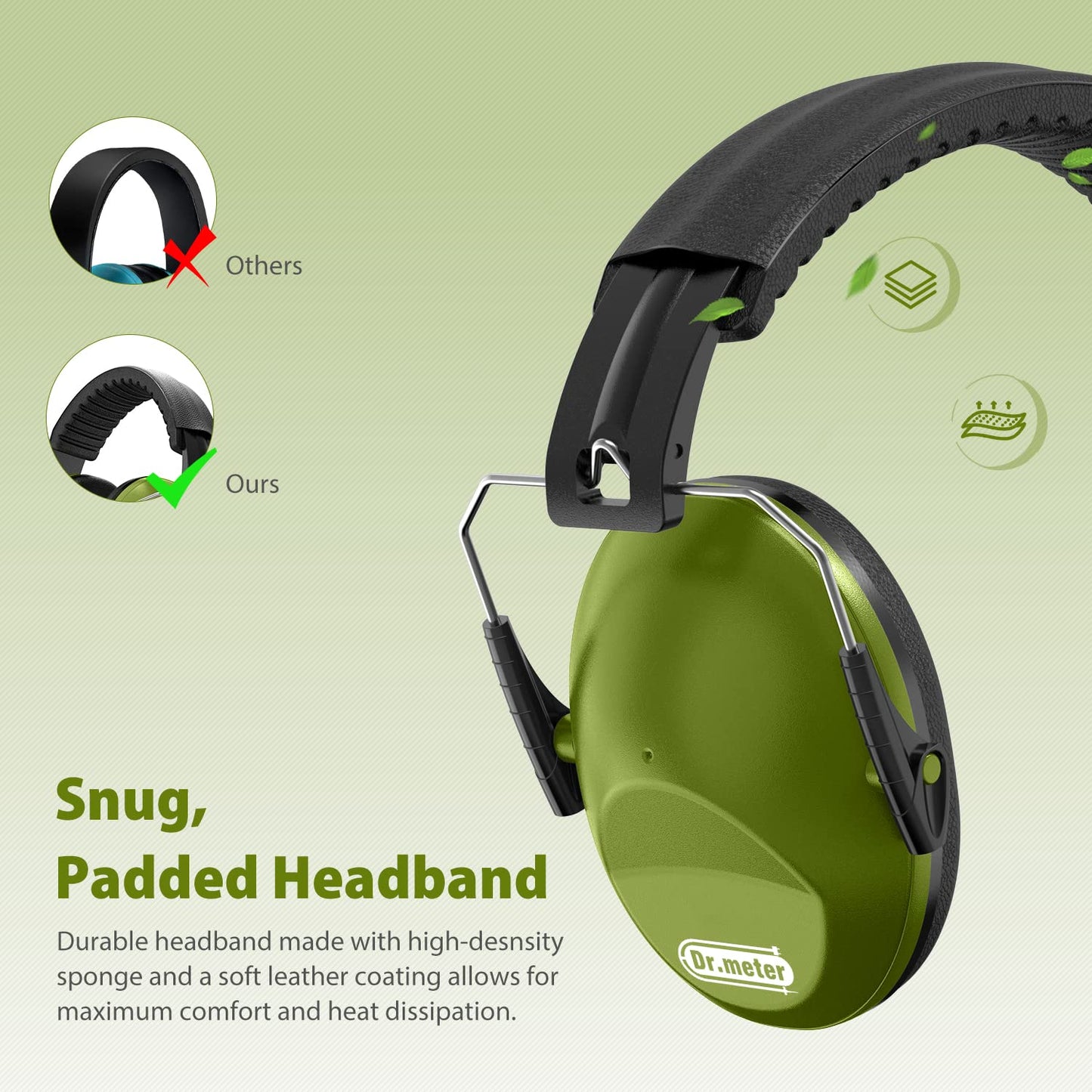 Dr.meter Noise Cancelling Ear Muffs: SNR27.4 Noise Cancelling Headphones for Autism with Adjustable Headband - Hearing Protection Ear Muffs for Monster Jam hooting Mowing and Studying - Arm Green