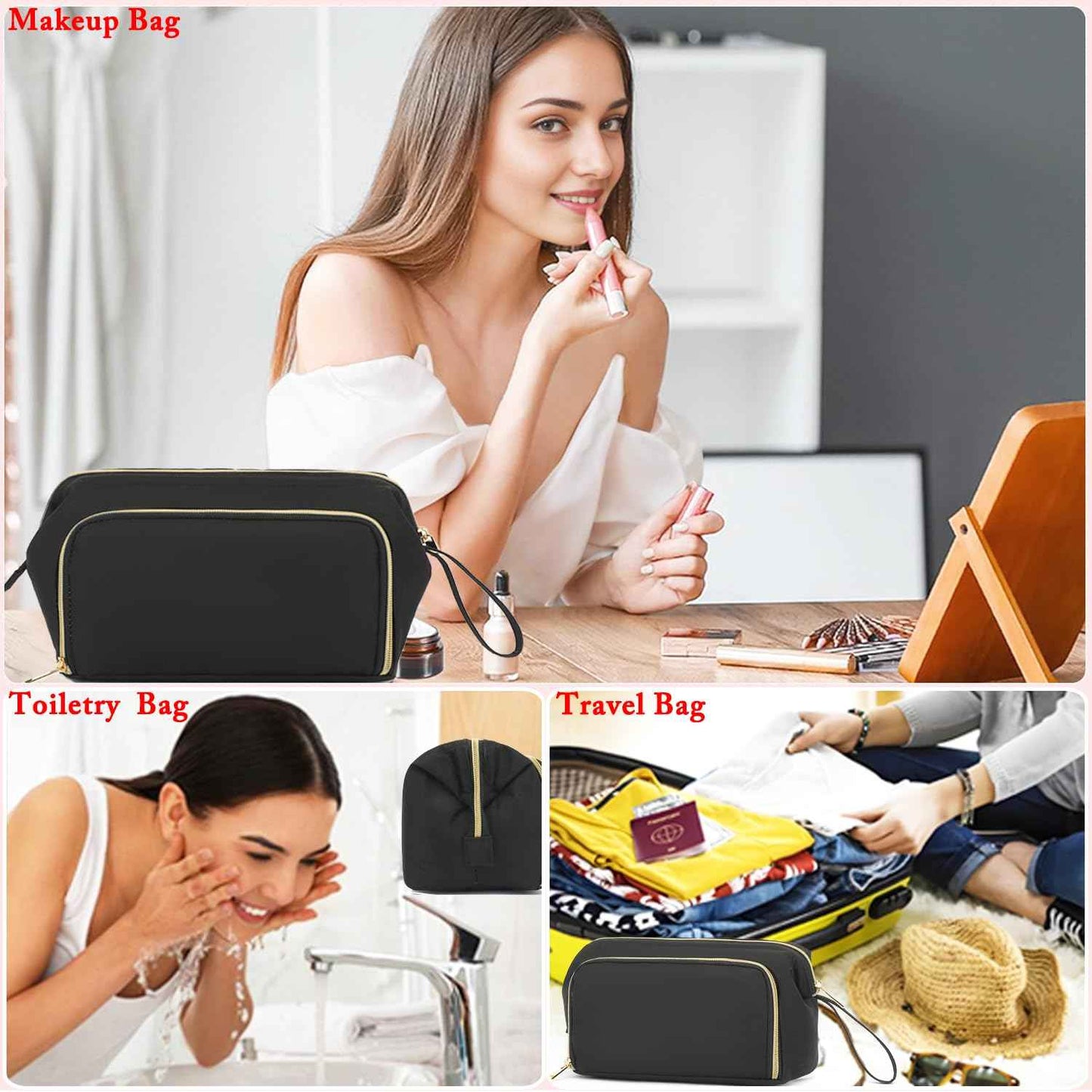 Fammart Travel Makeup Bag, Wide-open Cosmetic Bag Make Up Organizer Case with Brushes Pocket for Women, Large Family Toiletry Bag Skincare Pouch for Toiletries Accessories