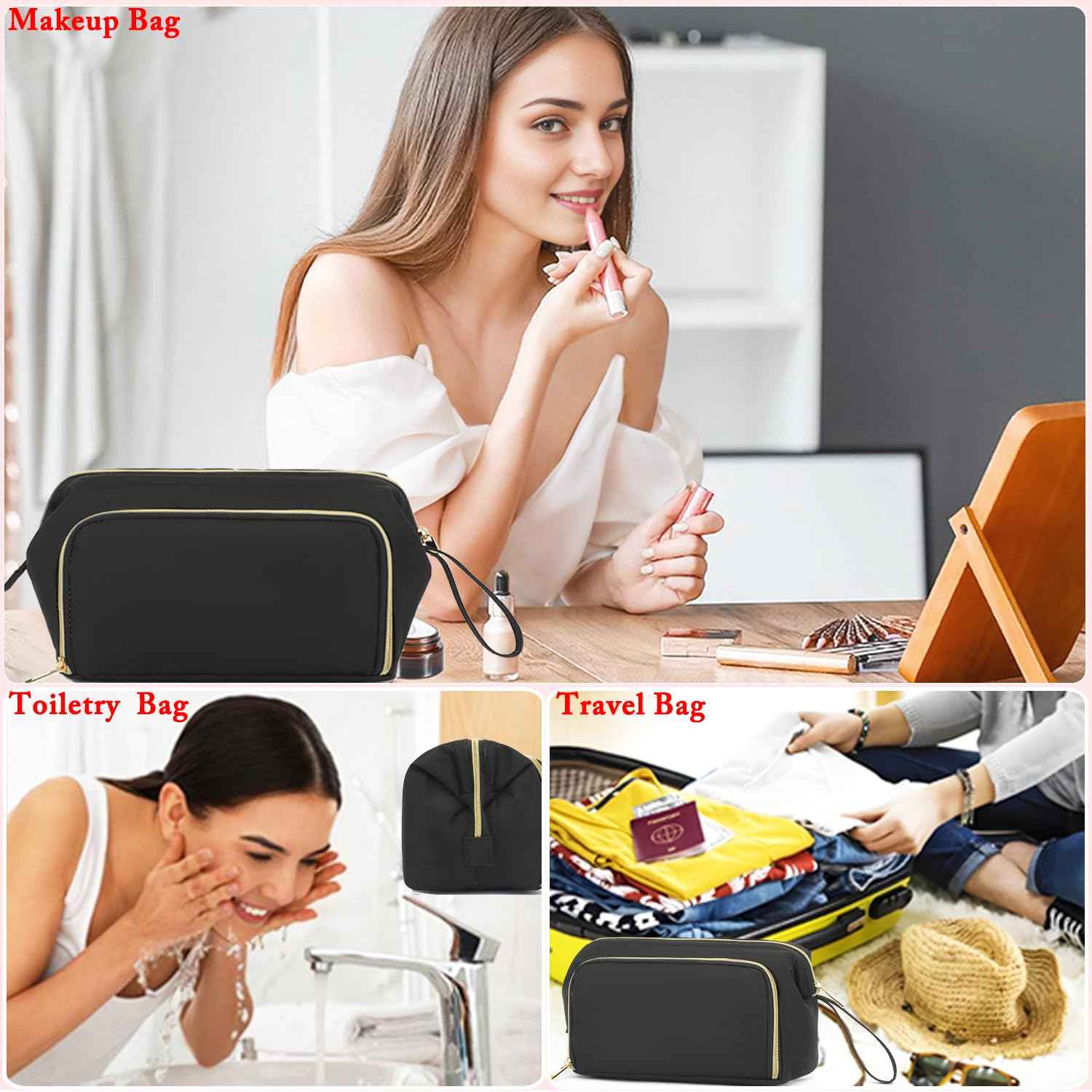 Fammart Travel Makeup Bag, Wide-open Cosmetic Bag Make Up Organizer Case with Brushes Pocket for Women, Large Family Toiletry Bag Skincare Pouch for Toiletries Accessories