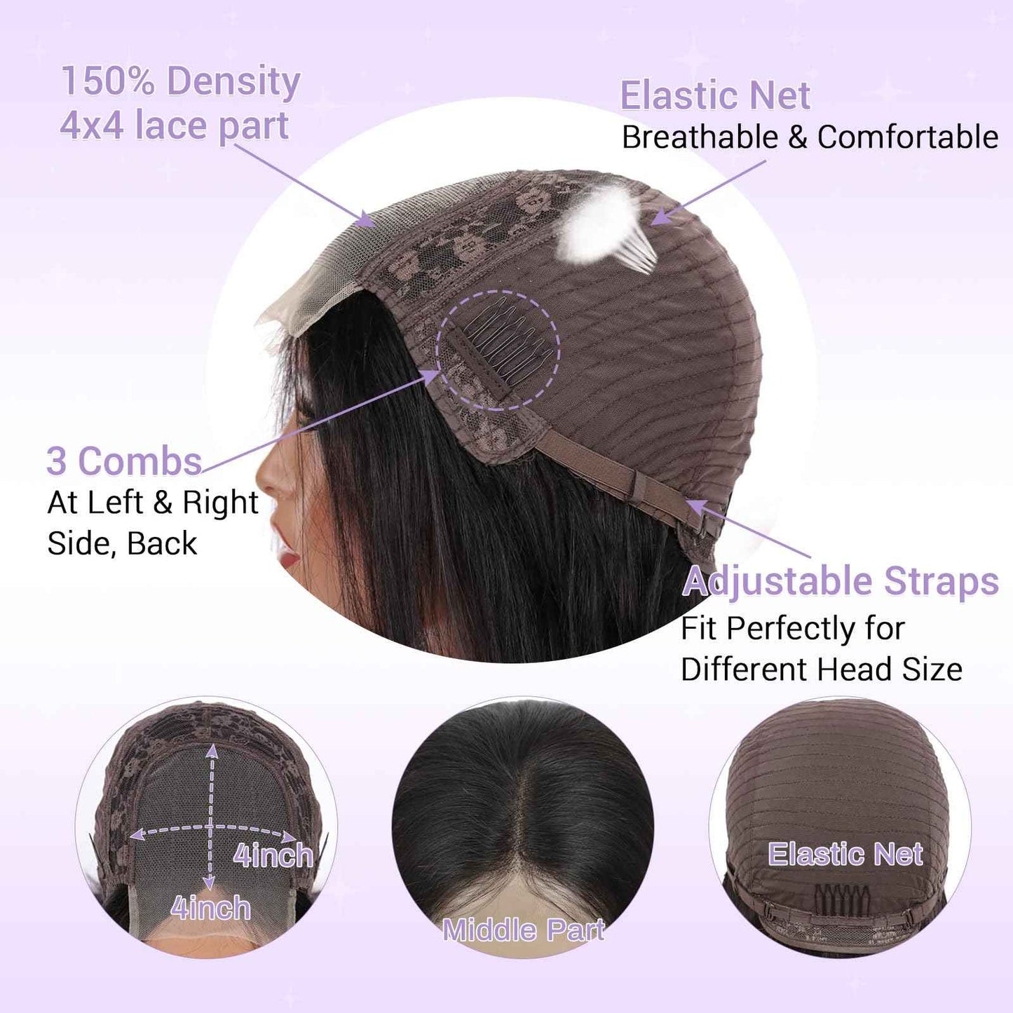 DSEKCAIN Bob Wig Human Hair 4x4 Lace Closure Middle Part Short Straight Bob Wigs for Women 100% Real Human Hair Natural Black 1B Color 10 Inch