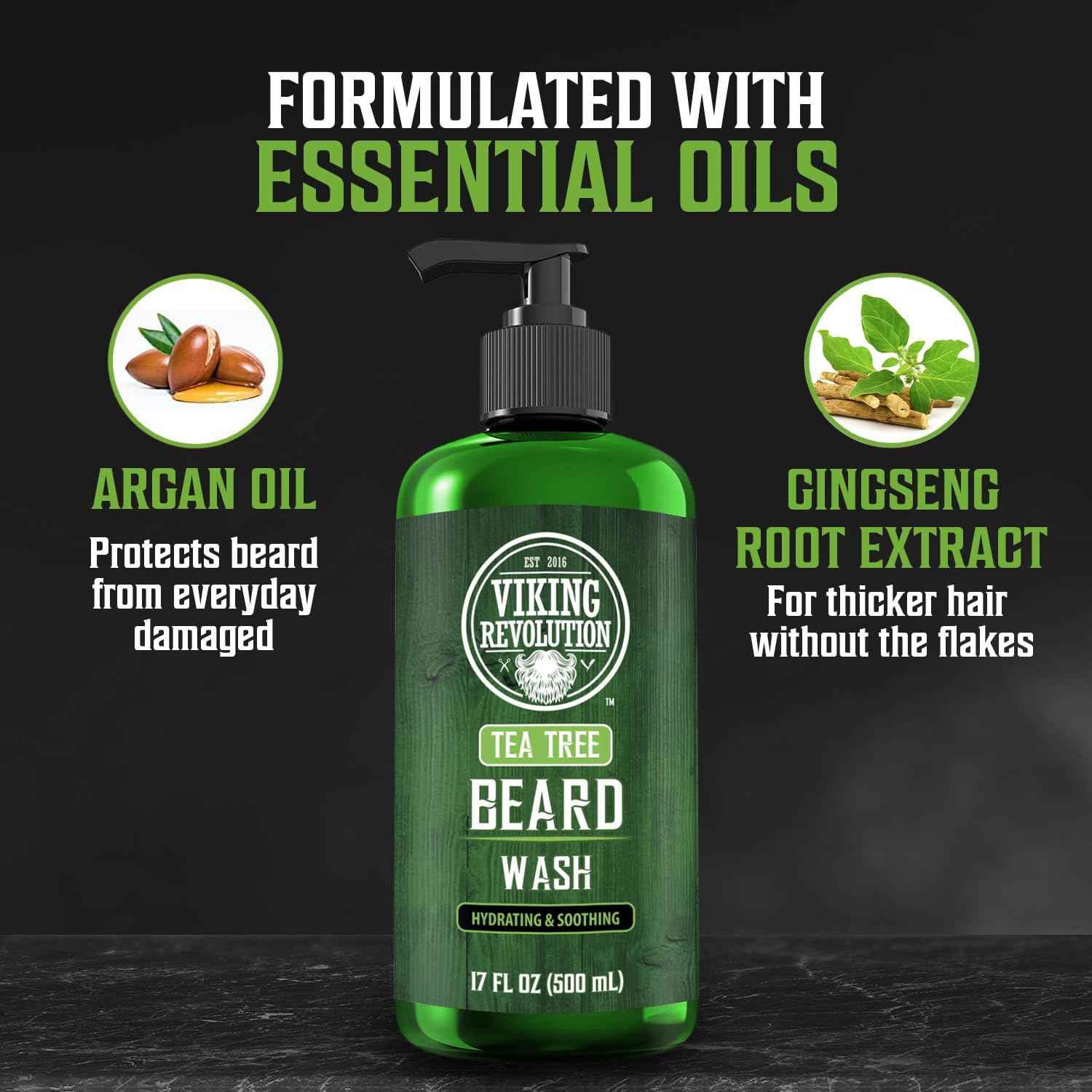 Viking Revolution Tea Tree Beard Wash for Men with Argan Oil and Ginseng Root Extract - Beard Softener and Strengthener Beard Shampoo with Olive Oil Beard Care to avoid Beard Dandruff and Itch (17oz)