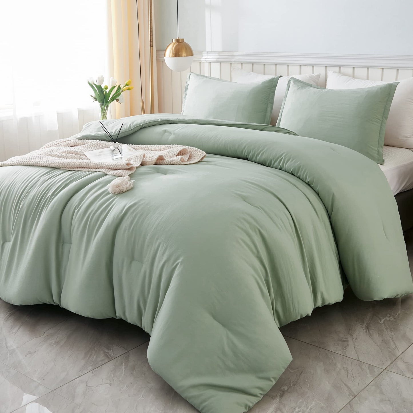 Litanika Comforter Full Size Set Sage Green, 3 Pieces Lightweight Bed Comforter Full, Solid Bedding Comforters & Sets, Soft All Season Quilt Blanket (79x90In Comforter & 2 Pillowcases)