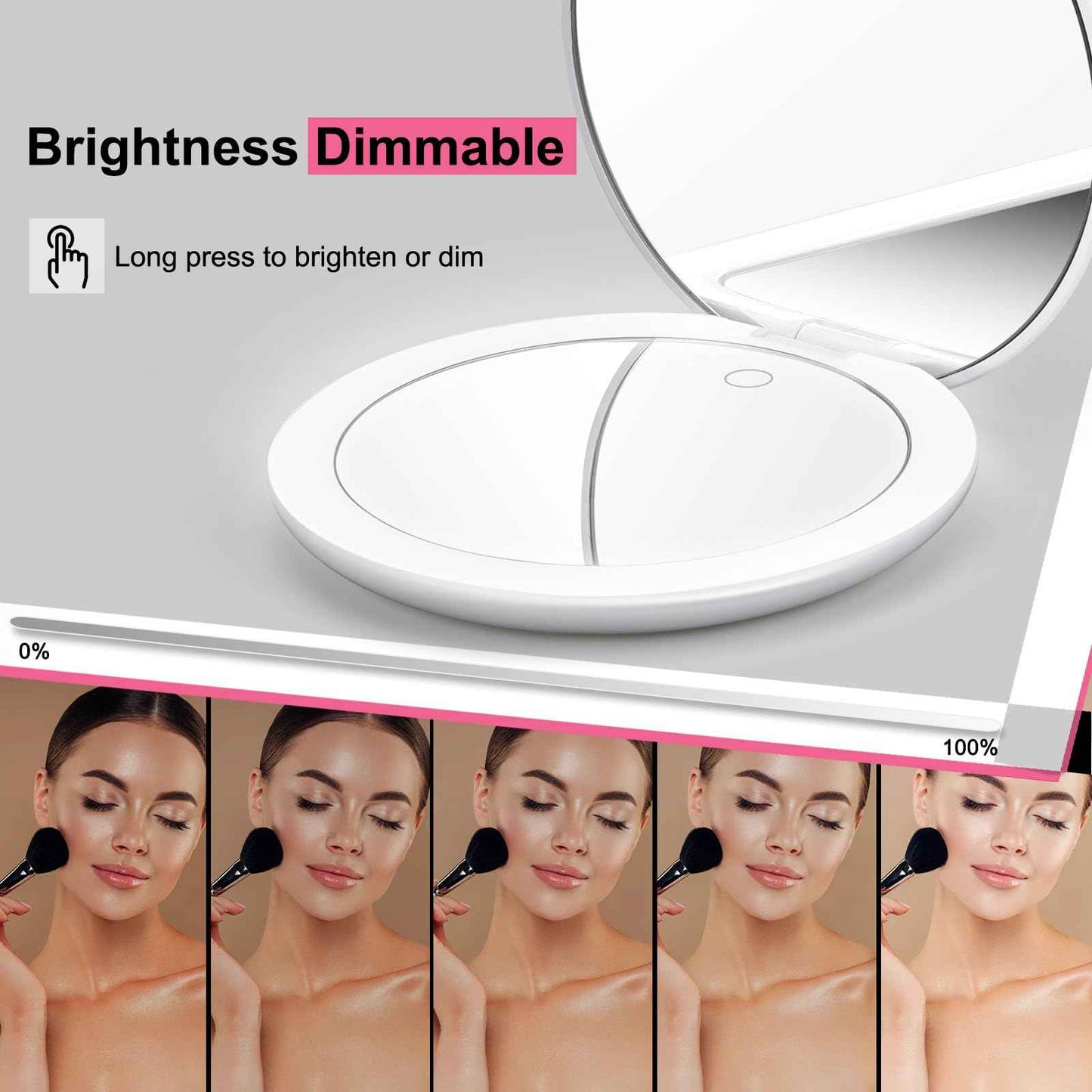 Rechargeable Compact Lighted Travel Makeup Mirror - 5-inch 1x/10x Magnifying Compact Mirror - Touch Screen, 3 Color Lighting & Brightness Stepless Dimmable, w/ Tweezers & Portable Bag, Ideal Gift