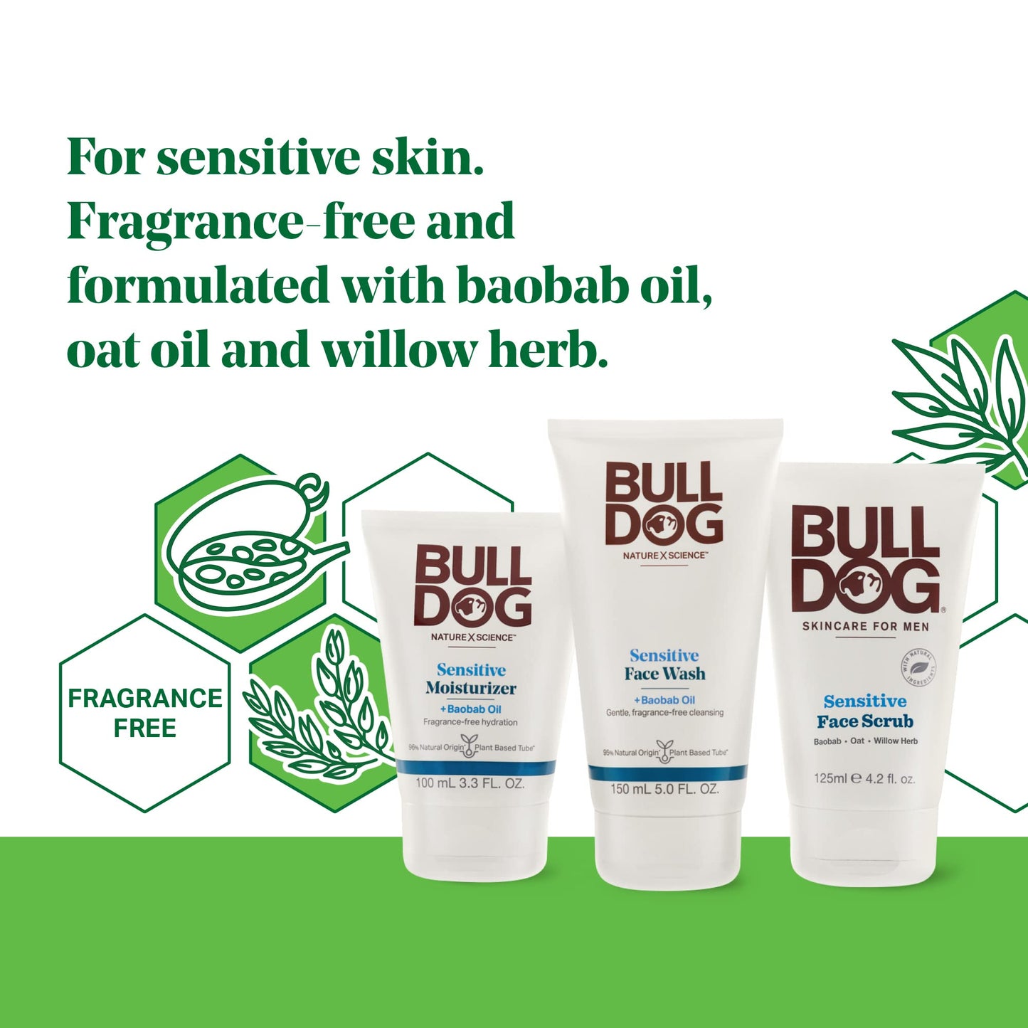 Bulldog Mens Skincare and Grooming Sensitive Full Face Kit with Moisturizer, Face Wash and Face Scrub, 3 Count