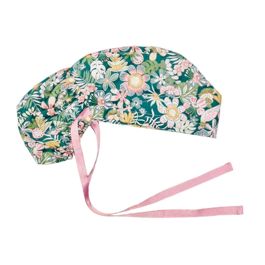 Scrub Cap with Buttons - Cotton Cap with Sweatband, Adjustable Ponytail Working Cap, Tie Back Hats for Women (Parrot Flower)