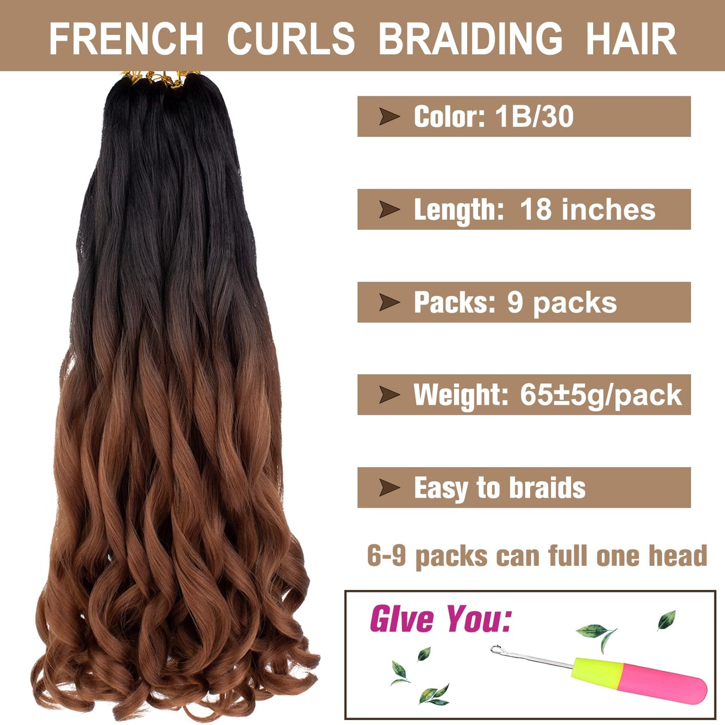 COOKOO 9 PCS Pre Stretched French Curly Braiding Hair 18 Inch Ombre Brown Braiding Hair for Women Bouncy French Curl Hair Spanish Curls Synthetic Braiding Hair Extensions 1B/30#