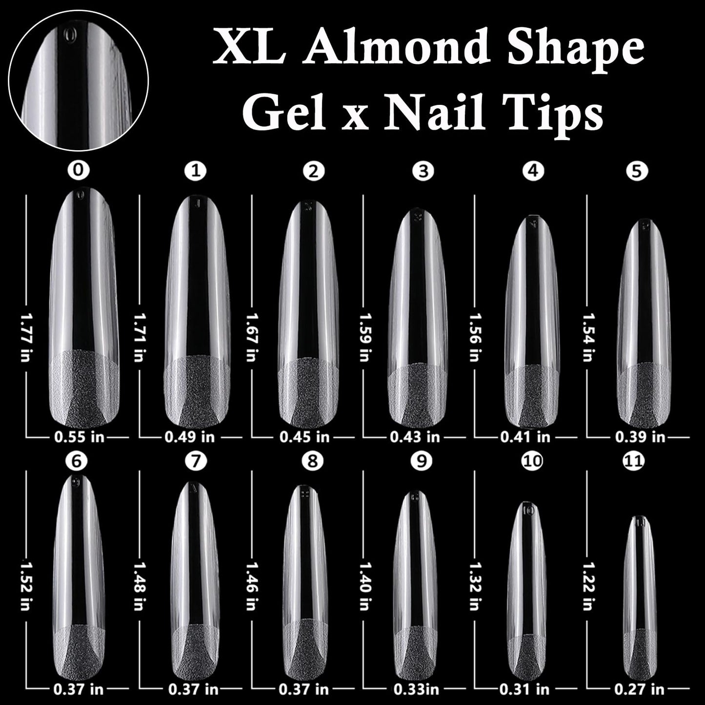 LoveOurHome 240pc XXL Almond Gel x Nail Tips Extra Long Clear Stiletto Oval Fake Nails 12 Sizes Full Cover Artificial False Nails Tips for Acrylic Nail Gel x Tips Extension Press on Nails Making