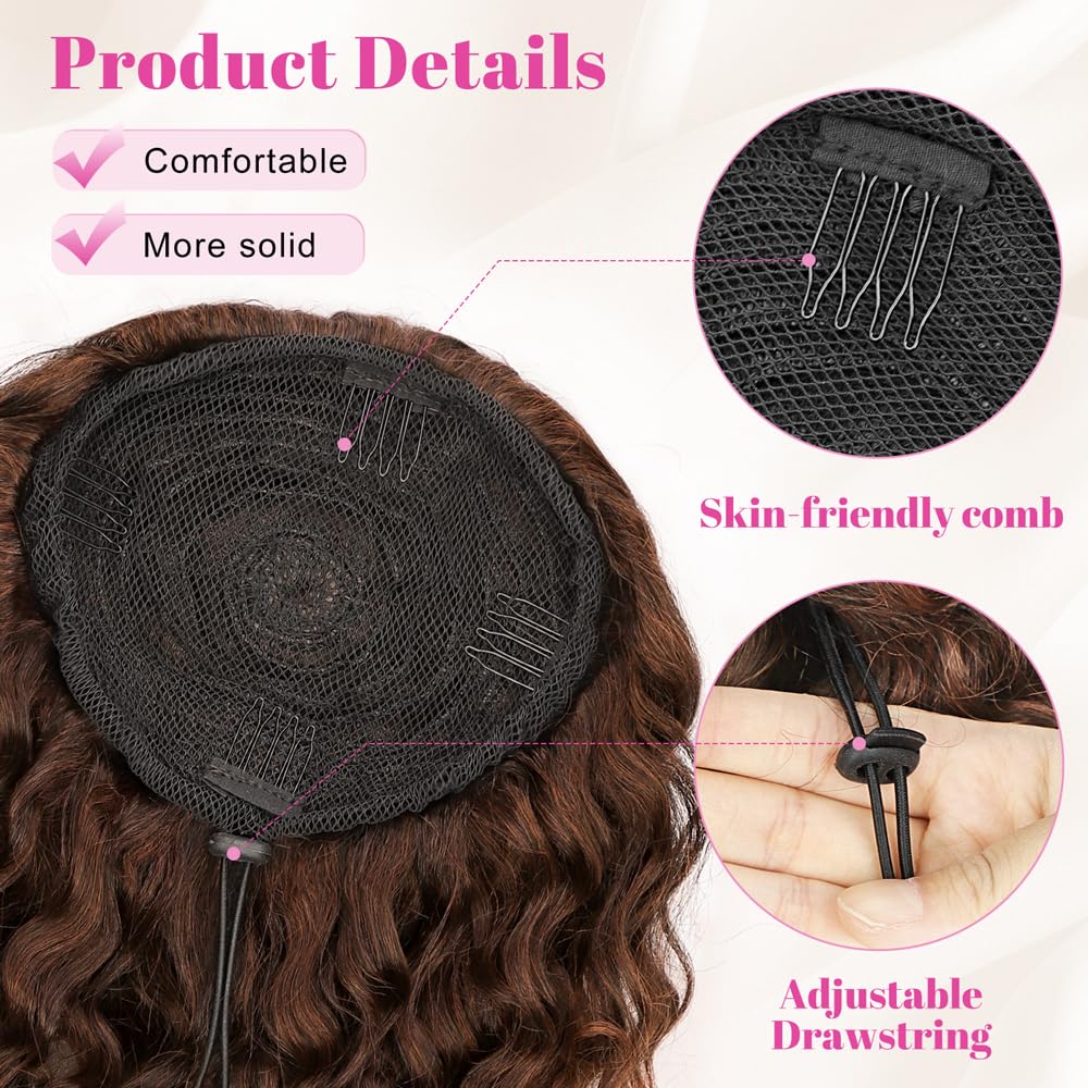 ALXNAN Wavy Curly Ponytail Extension, 8" Ombre Auburn Drawstring Ponytail for Black Women Short Soft Natural Synthetic Hairpiece Thick For Daily Use