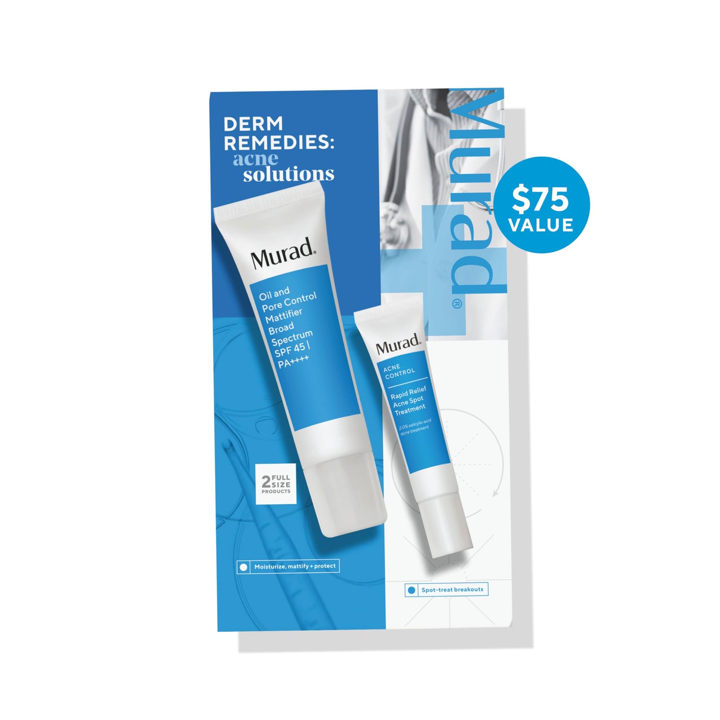 Murad Acne Solutions Value Set - 2-Piece Full Size Set ($75 Value) - Acne Fighting Skincare Set - Oil and Pore Control Mattifier SPF 45 1.7Fl Oz, Rapid Relief Acne Spot Treatment 0.5Fl Oz