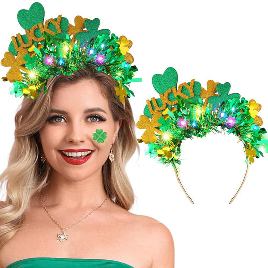 JEAIRTS Light Up St. Patrick's Hat Headband Green Shamrock Hair Hoop Glowing Irish Headpiece Led Costume Hair Accessories (Style B)