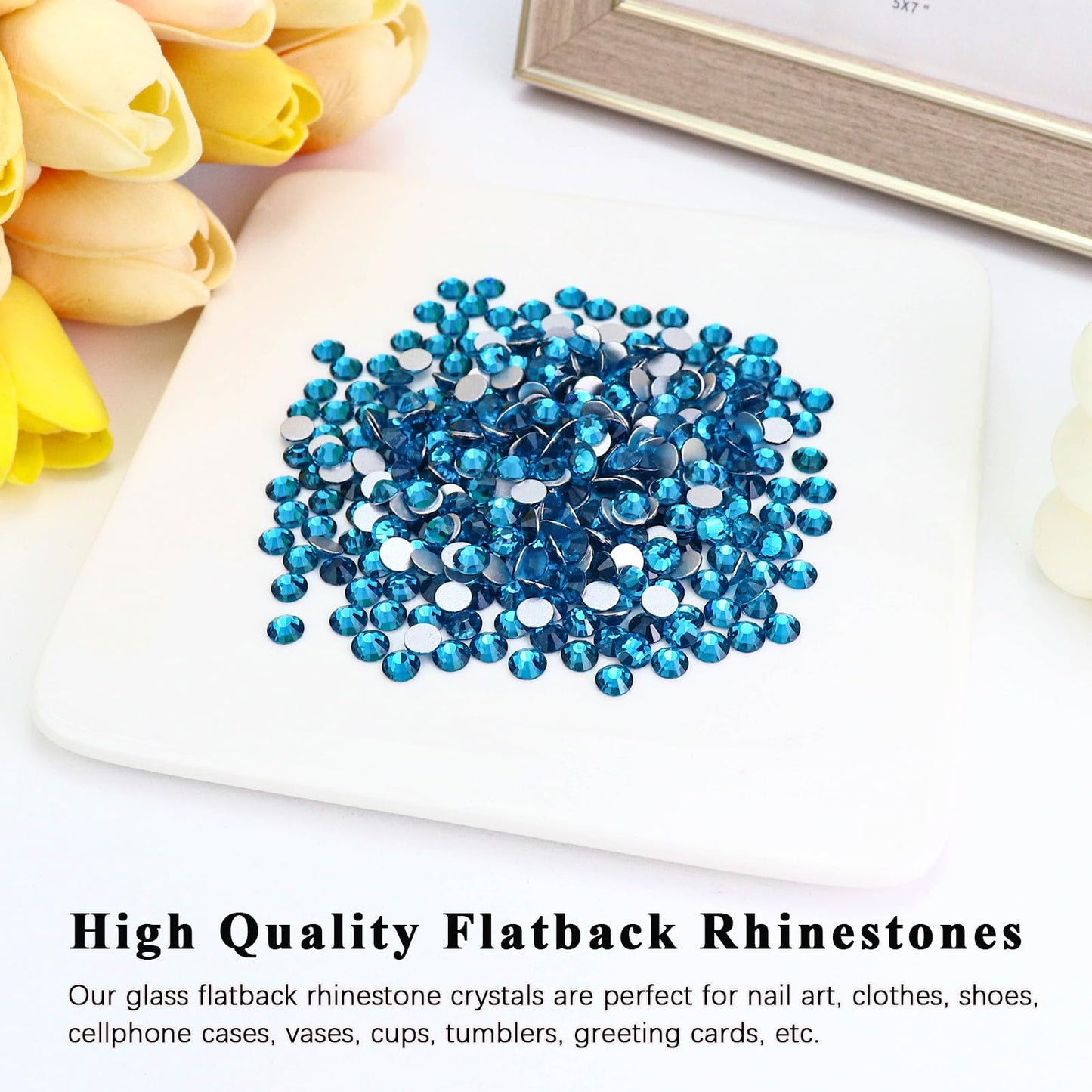 Briskbloom 1440PCS SS20 Crystal Glass Flatback Rhinestones, Round Flat Back Crystal Gems for Nail Art and Craft Clothes, Glue Fix Diamond Stones Blue Zircon/Peacock Blue (4.6-4.8mm)