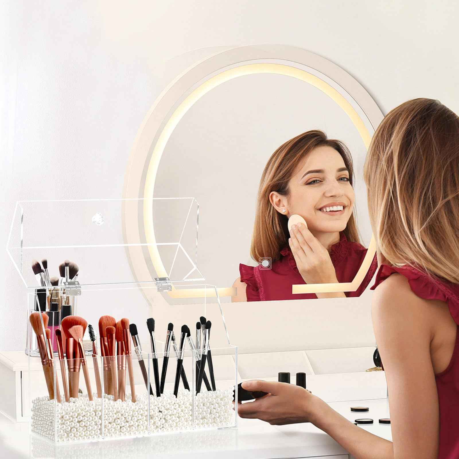 Vevitts Acrylic Makeup Organizer, Clear Cosmetic Brush Storage Box With 4 Brush Holders (Pearl not included),Makeup Brush Holder with Dust Cover, Large-capacity Split Design Organize the Desktop