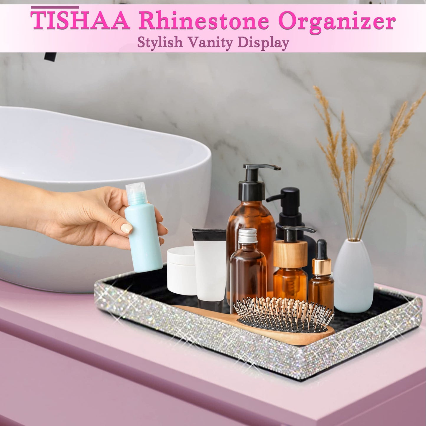 TISHAA Bling Decorative Tray Holder – Makeup Cosmetic Jewelry Ring Key Display Dish Plate Storage Organizer Crystal Rhinestone Glitter Vanity Bathroom Bedroom Home Decor (White)