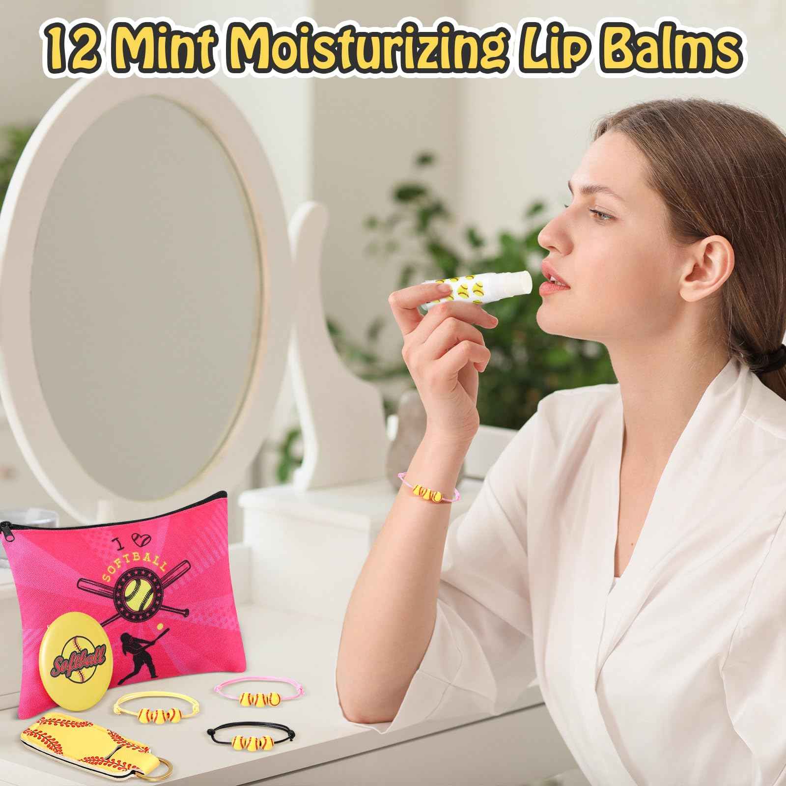 Yeyeplum 60 Pcs Softball Team Gifts for Girls Include 12 Softball Makeup Bags 12 Lip Balm 12 Makeup Mirrors 12 Lipstick Holder Keychains 12 Adjustable Bracelet for Sports Lovers