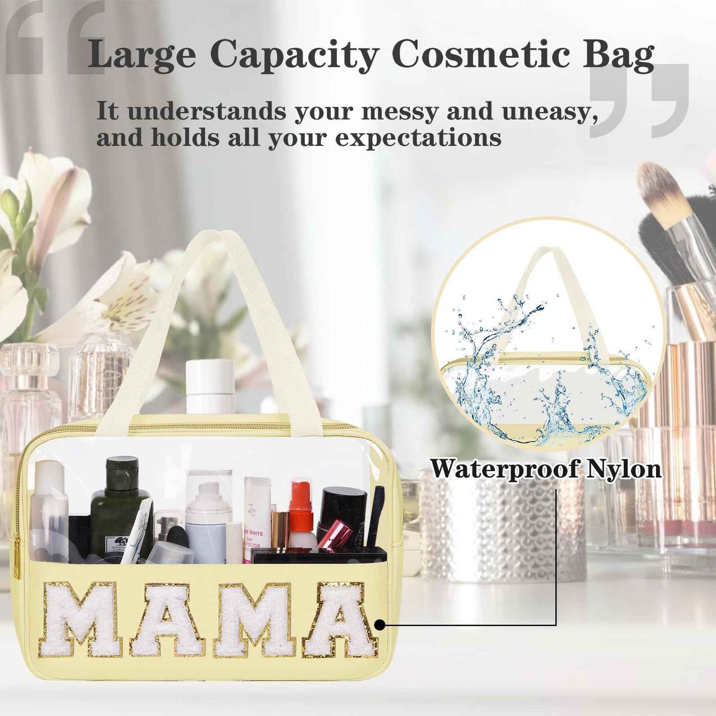 Chenille Letter Patches Clear MAMA Cosmetic Bag, Large PVC & Nylon Preppy Makeup Bag Zipper Makeup Pouch with Handle, Portable Waterproof Travel Toiletry Bag Tote Bag for Women Girls(Beige MAMA)