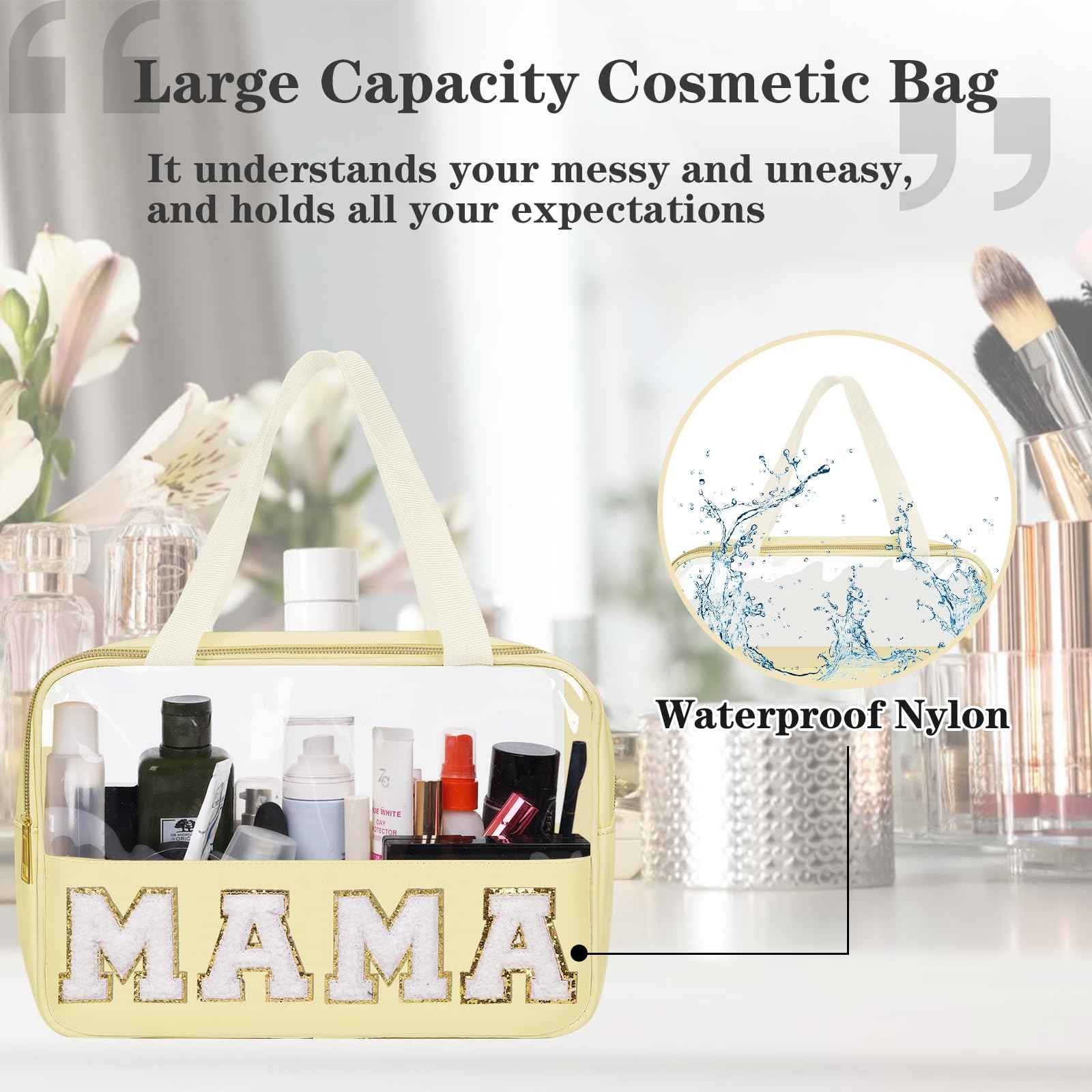 Chenille Letter Patches Clear MAMA Cosmetic Bag, Large PVC & Nylon Preppy Makeup Bag Zipper Makeup Pouch with Handle, Portable Waterproof Travel Toiletry Bag Tote Bag for Women Girls(Beige MAMA)