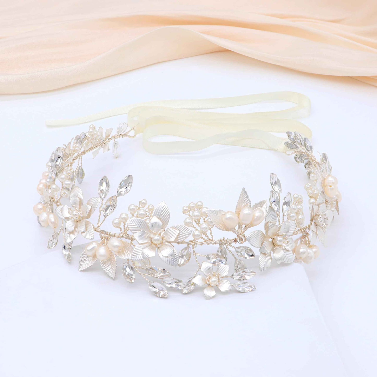 Oriamour Wedding Headband Bridal Headpiece Flower Design With Genuine Freshwater Pearls And Ribbons Hair Accessories For Bride (Silver)